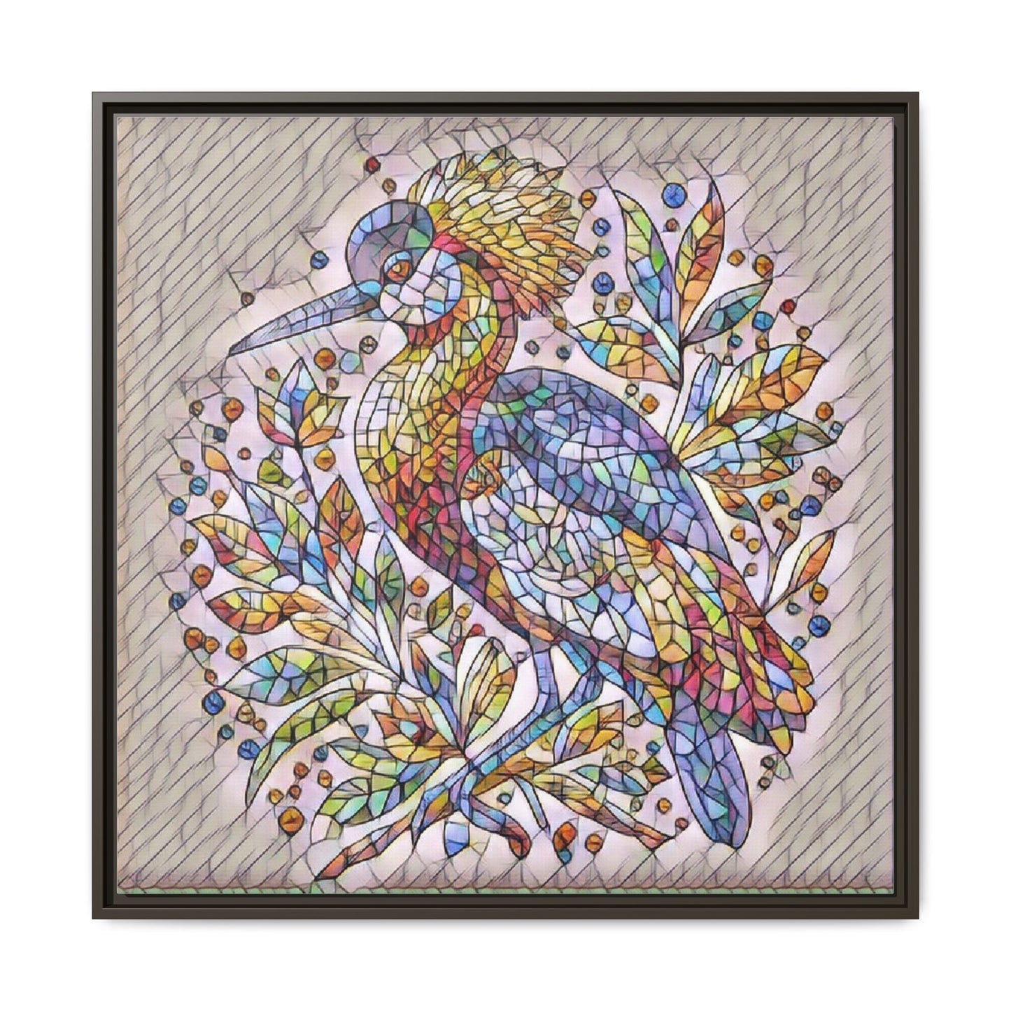 Colorful Stained-Glass Heron — Framed Matte Canvas Wall Art