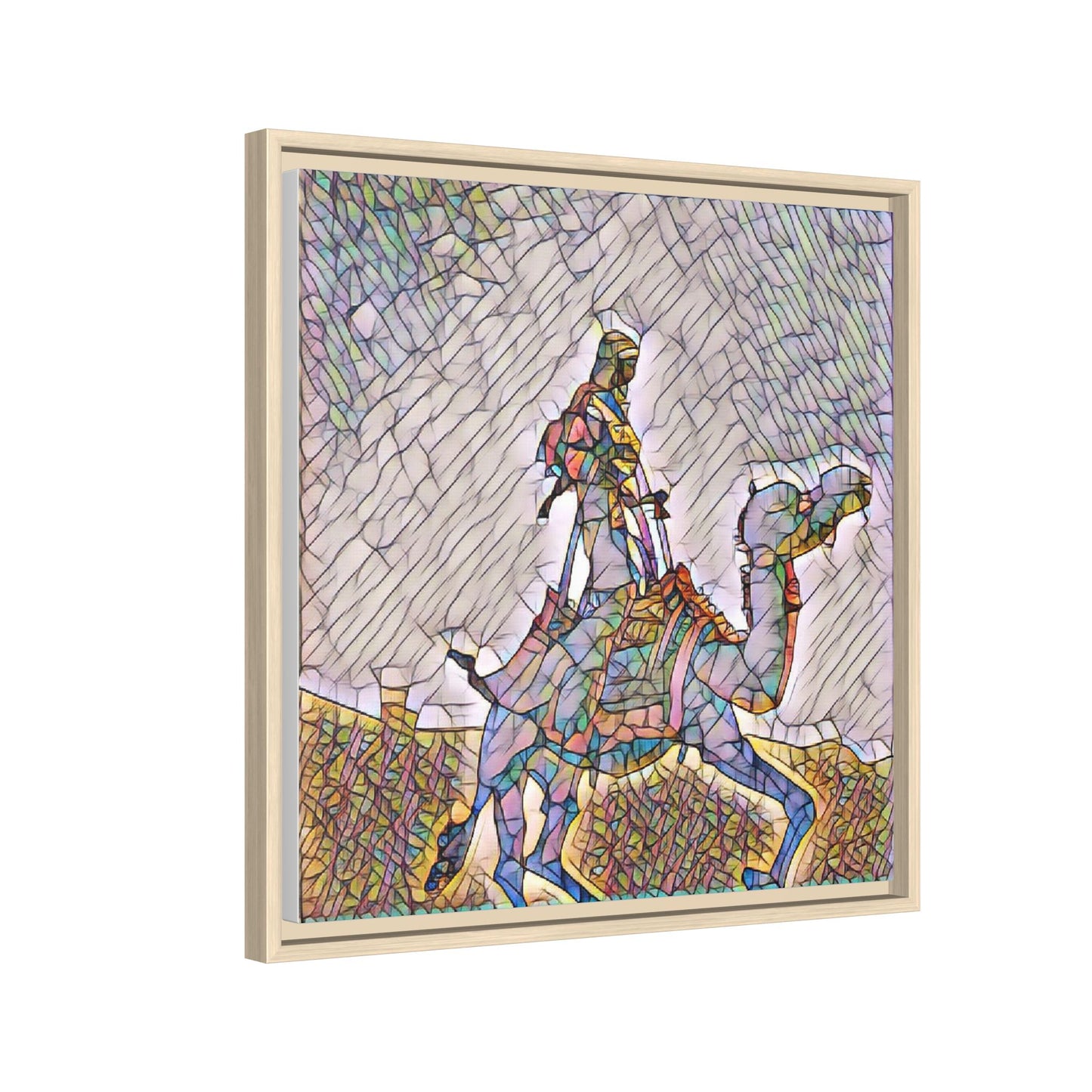 Framed Camel Rider Matte Canvas Art — Colorful Mosaic Desert Wall Decor