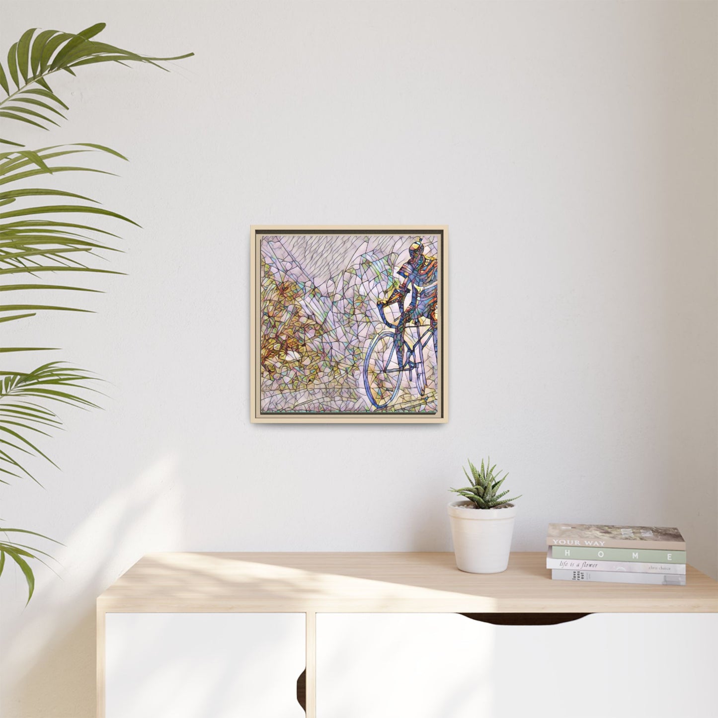 Colorful Cyclist Stained-Glass Art — Framed Matte Canvas
