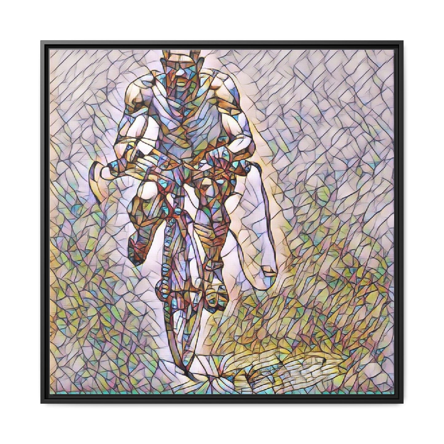 Cyclist Art Print — Framed Matte Canvas Wall Art (Multicolor Stained-Glass Style)