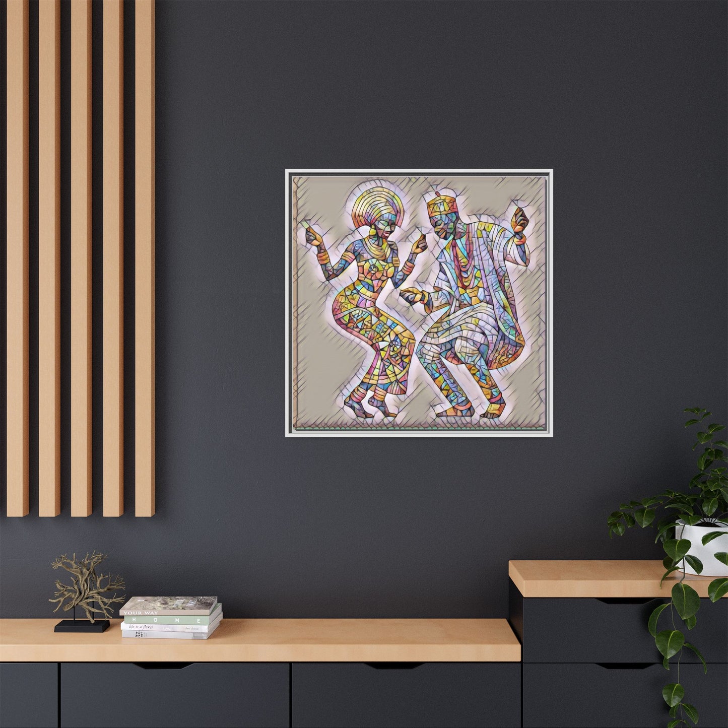 Afrobeat Dancers Framed Canvas Art — Colorful Mosaic African Dance Print