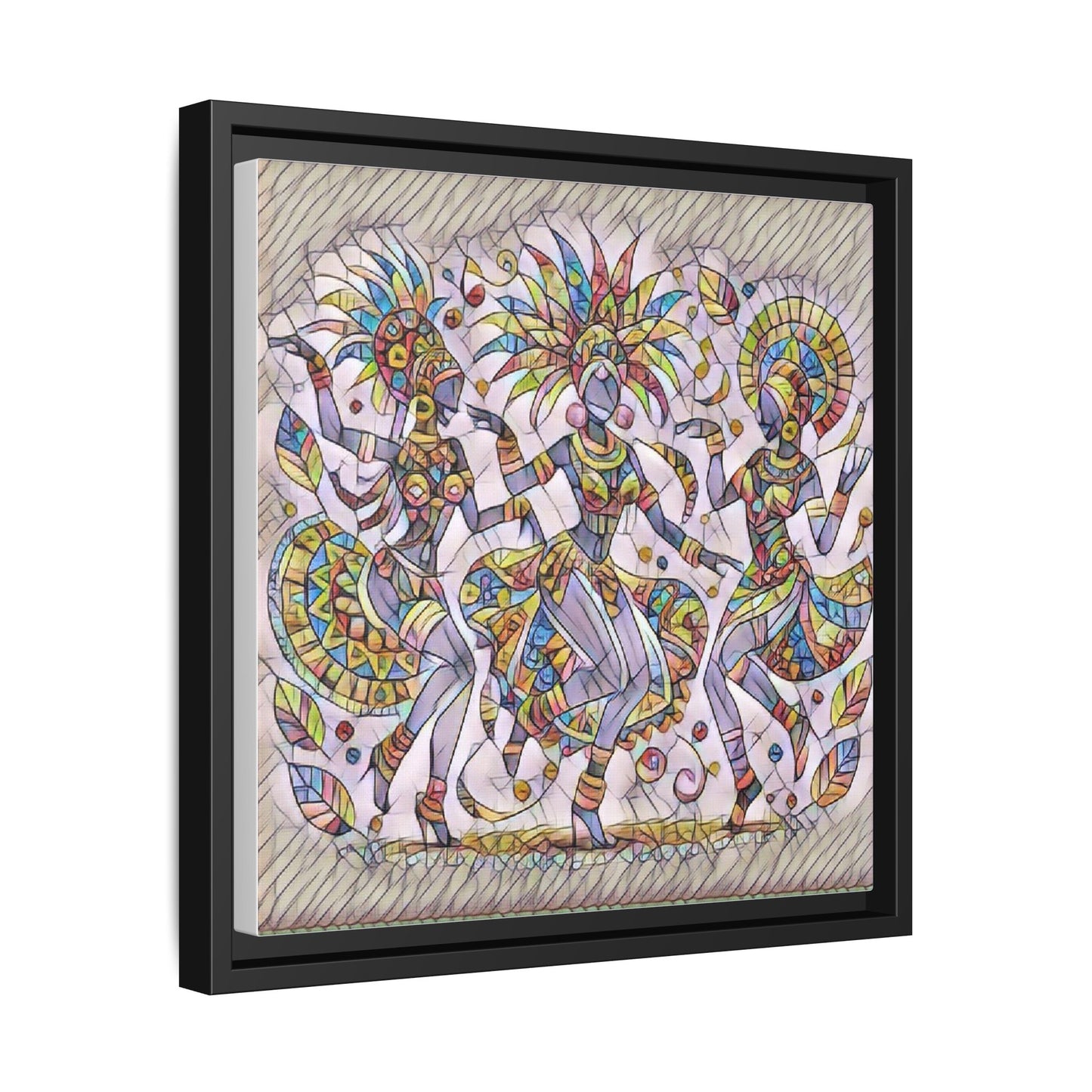 Colorful Carnival Dancers Framed Canvas Art — Multicolor Tribal Celebration Print