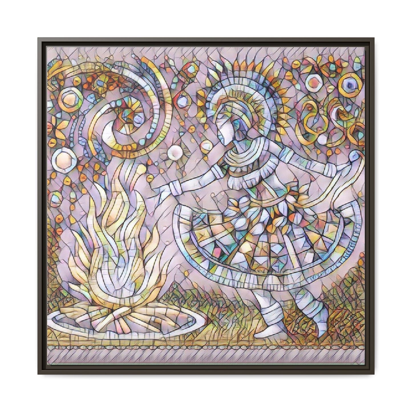 Bohemian Fire Dancer Framed Canvas Art — Colorful Folk Mosaic Wall Decor
