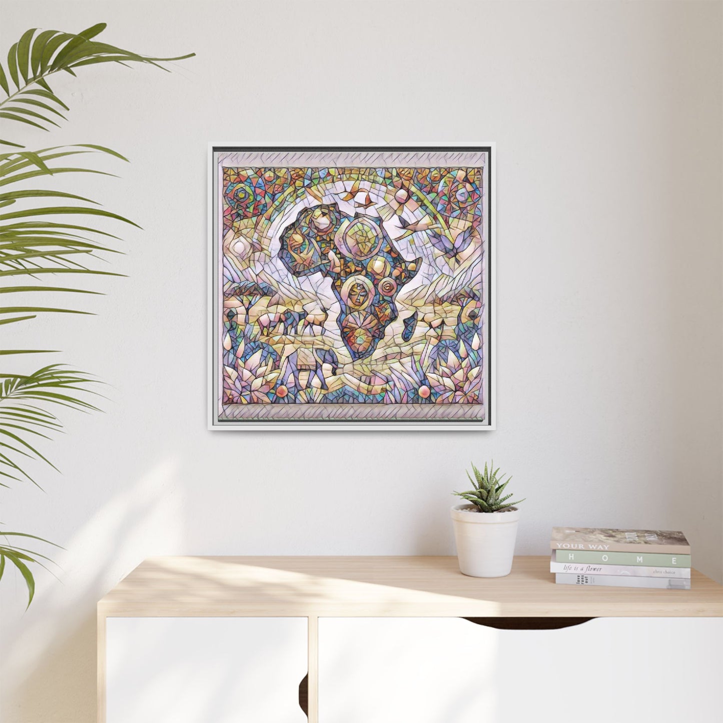 Abstract Mosaic Africa Framed Canvas — Colorful Stained-Glass Wall Art