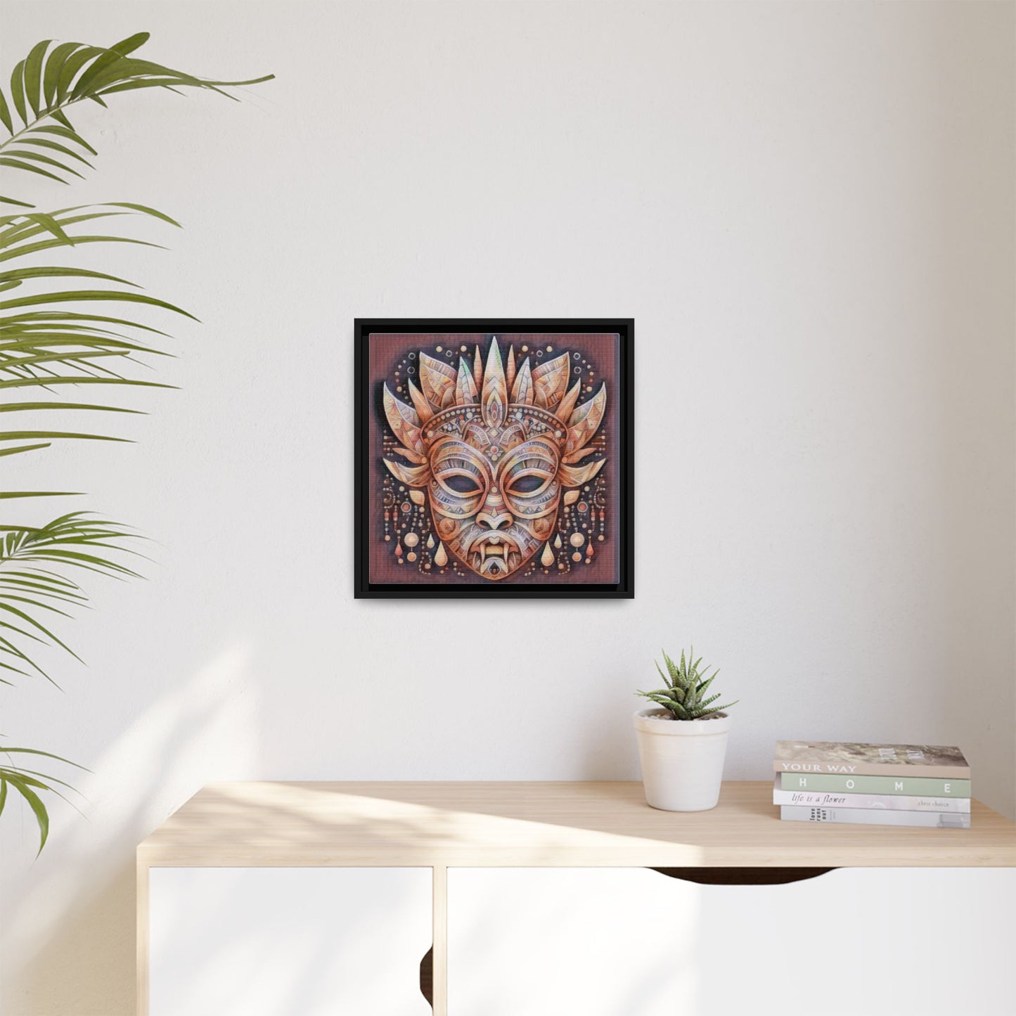 Tribal Sun Mask Framed Canvas Art — Boho Ethnic Wall Decor
