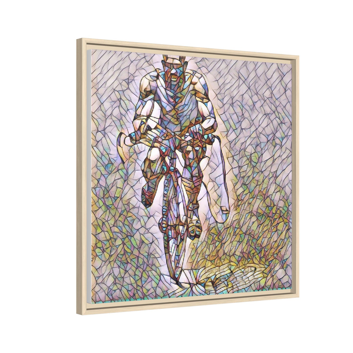 Cyclist Art Print — Framed Matte Canvas Wall Art (Multicolor Stained-Glass Style)