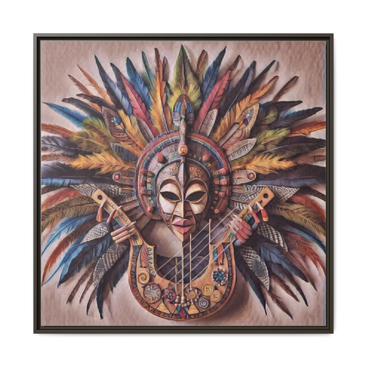 Tribal Feather Mask Guitar Framed Canvas Art — Colorful Boho Wall Decor