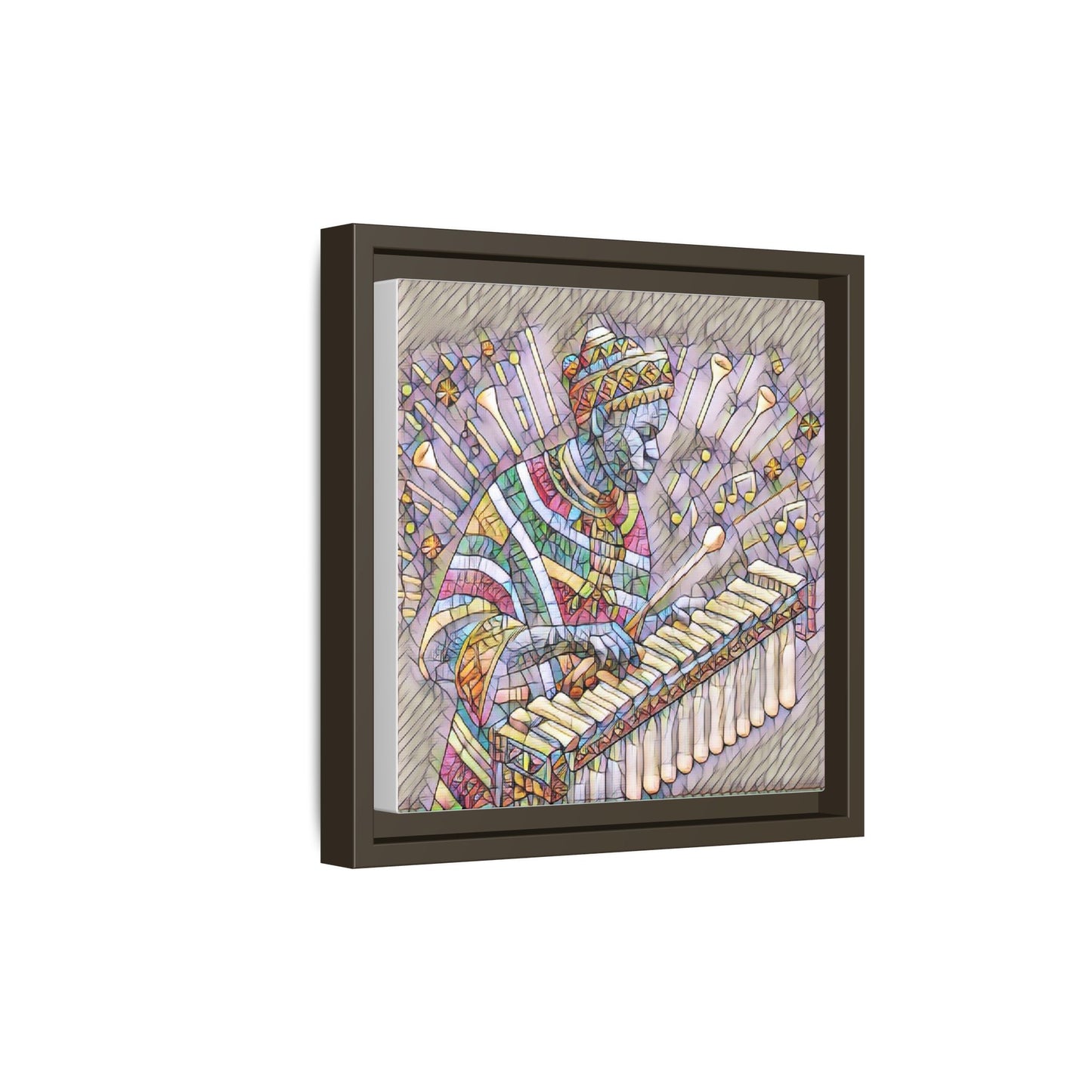 Colorful Marimba Musician Matte Framed Canvas — Vibrant African Instrument Wall Art
