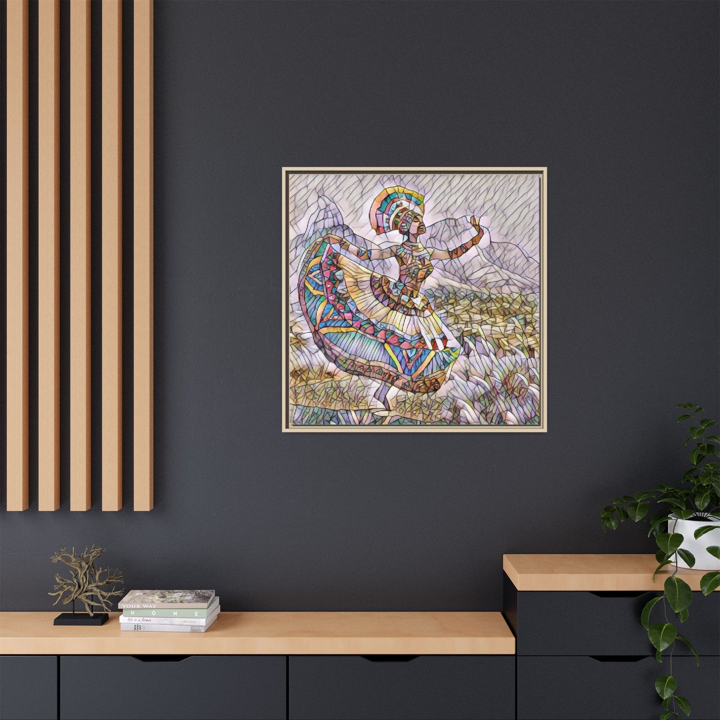 Ballerina Mosaic Framed Canvas Print — Colorful Ethnic Dance Wall Art