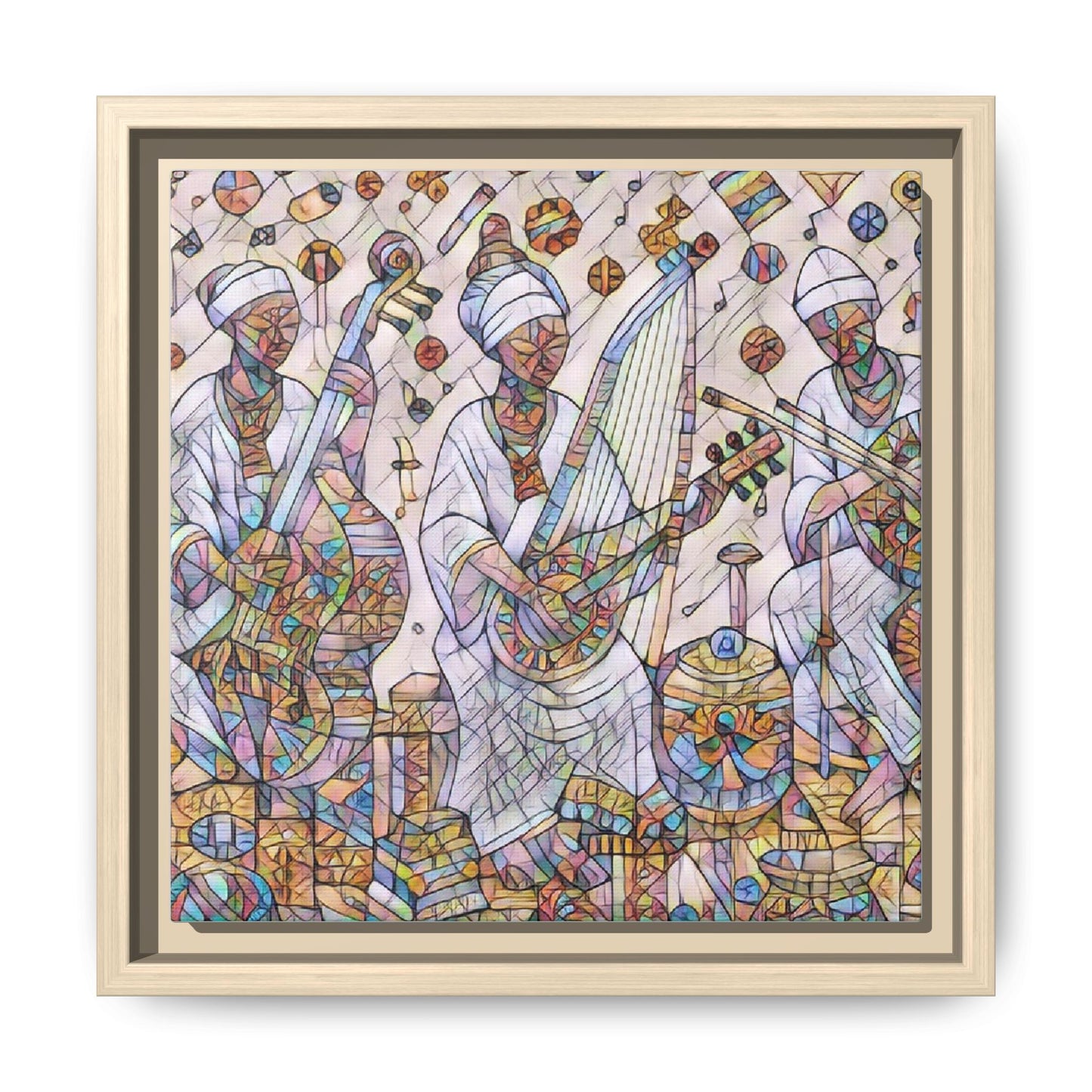 Framed Matte Canvas Print — Colorful African Musicians Stained-Glass Art