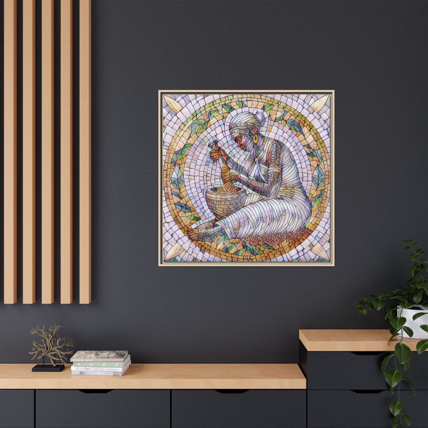 Framed Mosaic Art Print — Woman Grinding Grain (Matte Canvas)