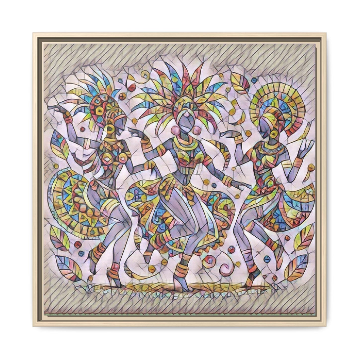Colorful Carnival Dancers Framed Canvas Art — Multicolor Tribal Celebration Print