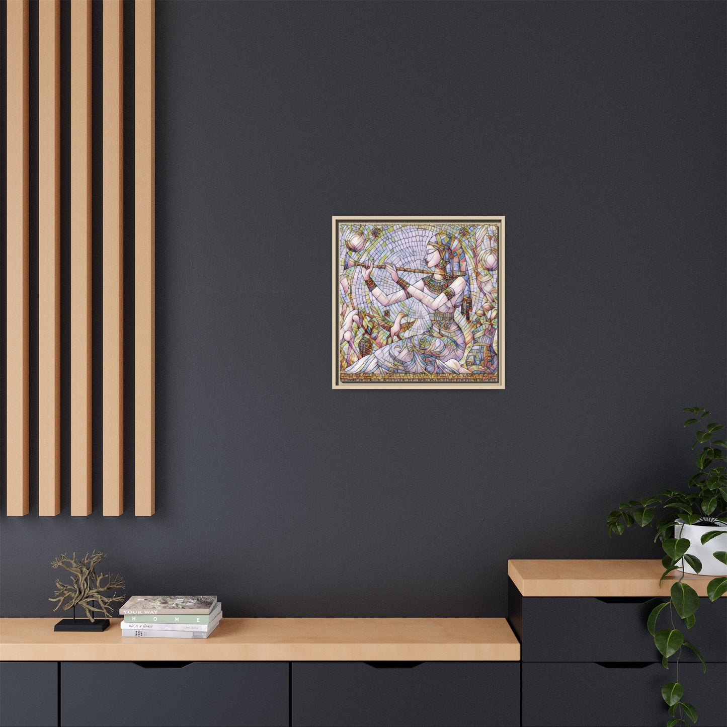 Egyptian Flute Player Framed Canvas Art — Colorful Mosaic Wall Decor