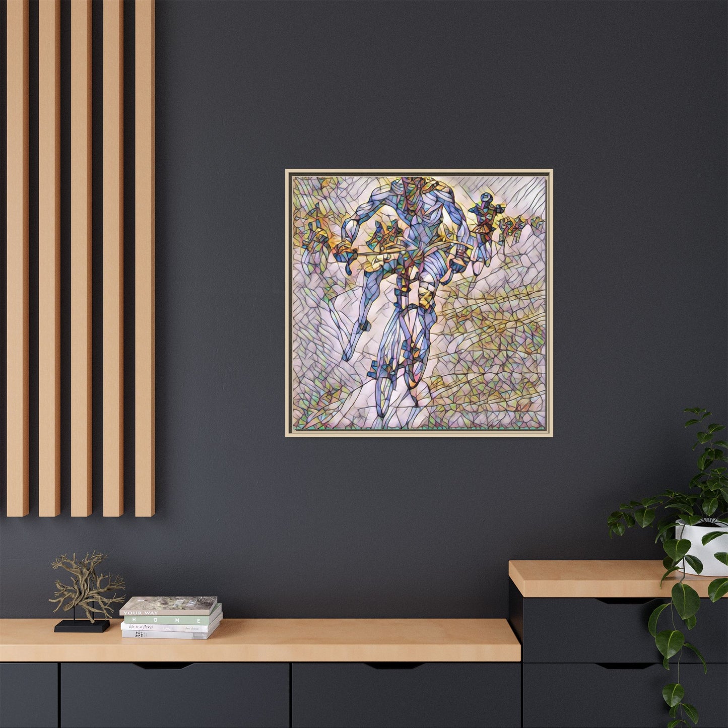 Abstract Cyclist Matte Canvas Framed Art — Colorful Stained-Glass Bike Print