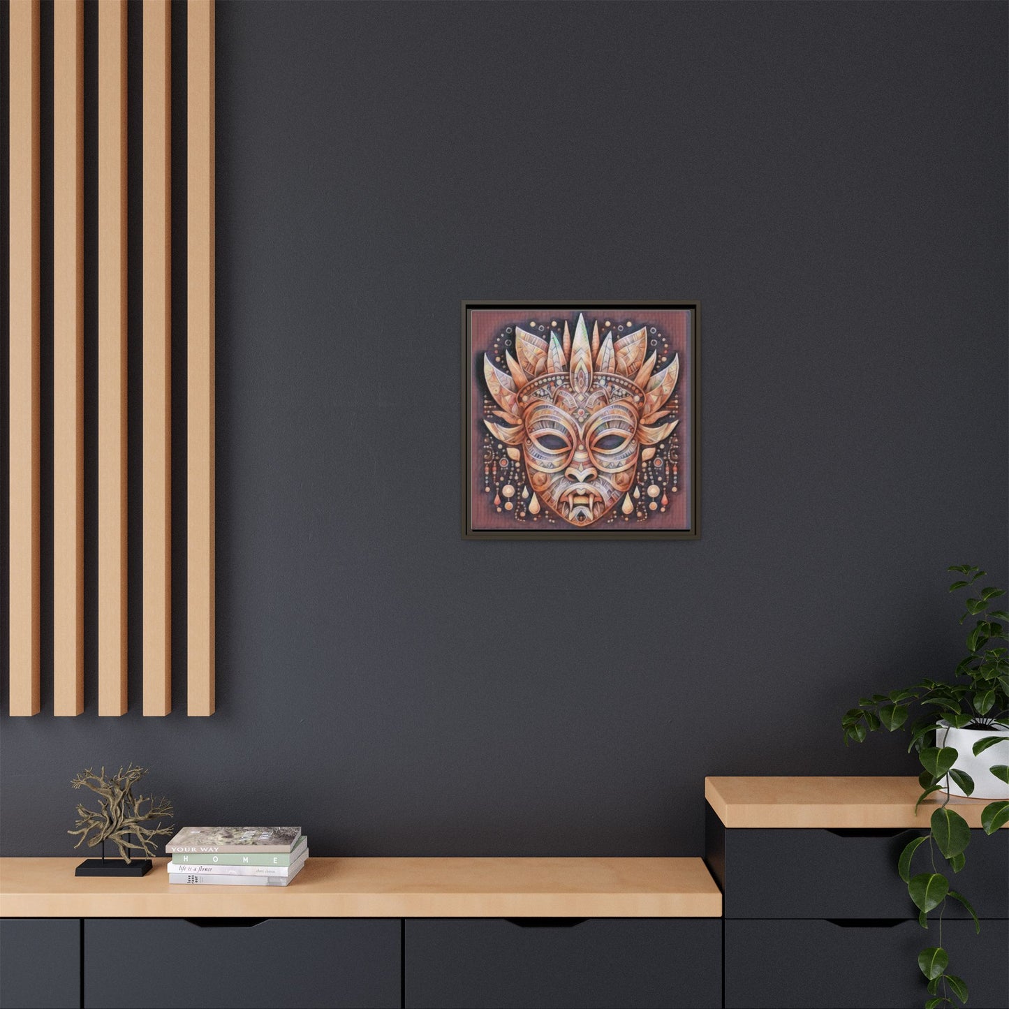 Tribal Sun Mask Framed Canvas Art — Boho Ethnic Wall Decor