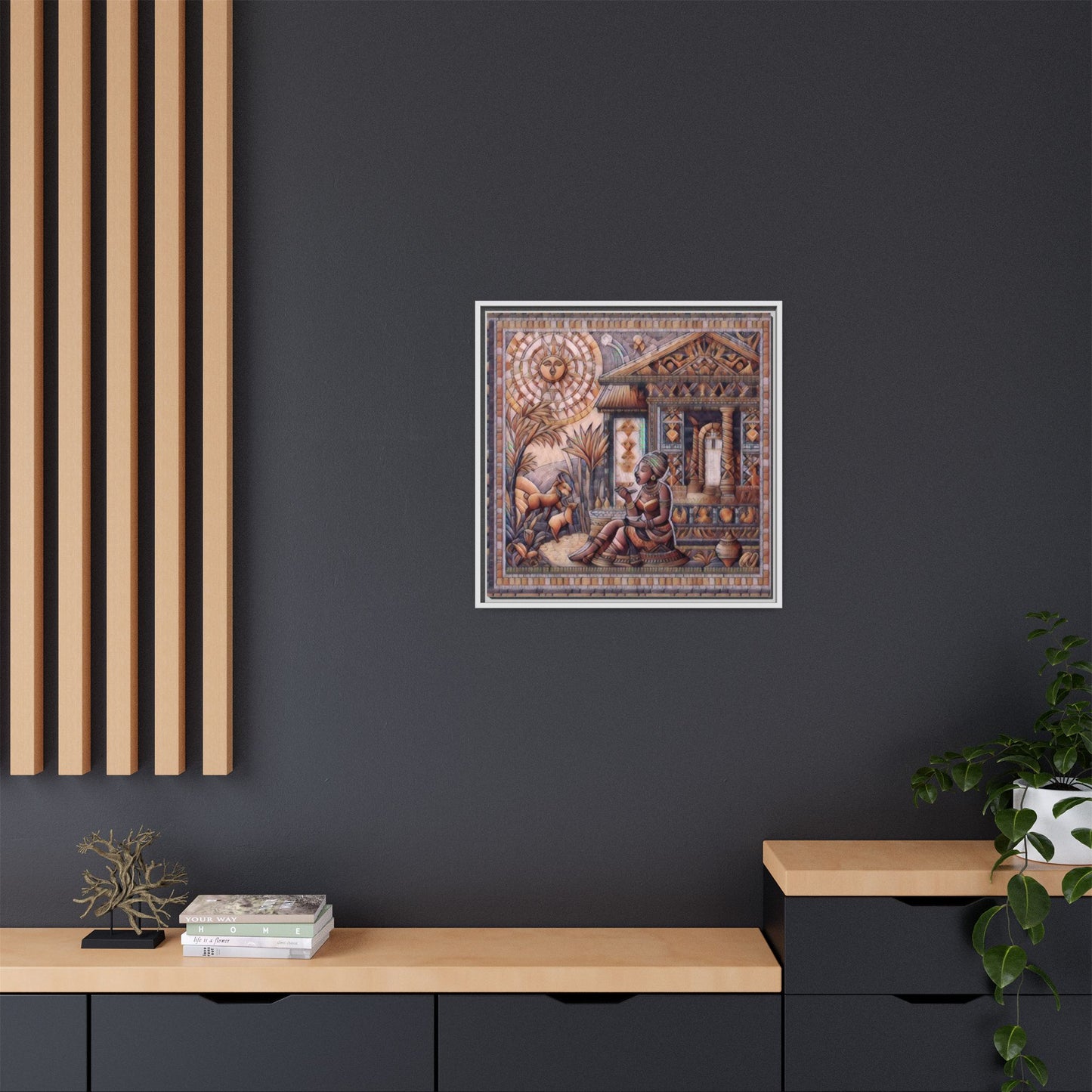 Egyptian Goddess Mosaic Framed Canvas Art — Colorful Ancient Ritual Wall Decor