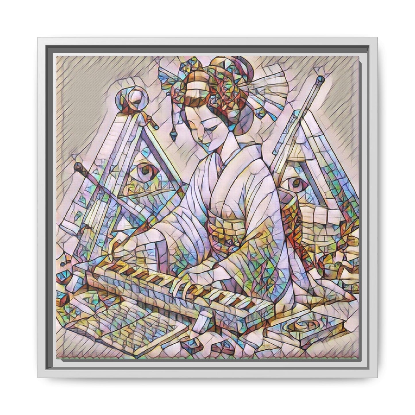 Framed Matte Canvas: Stained-Glass Geisha Wall Art