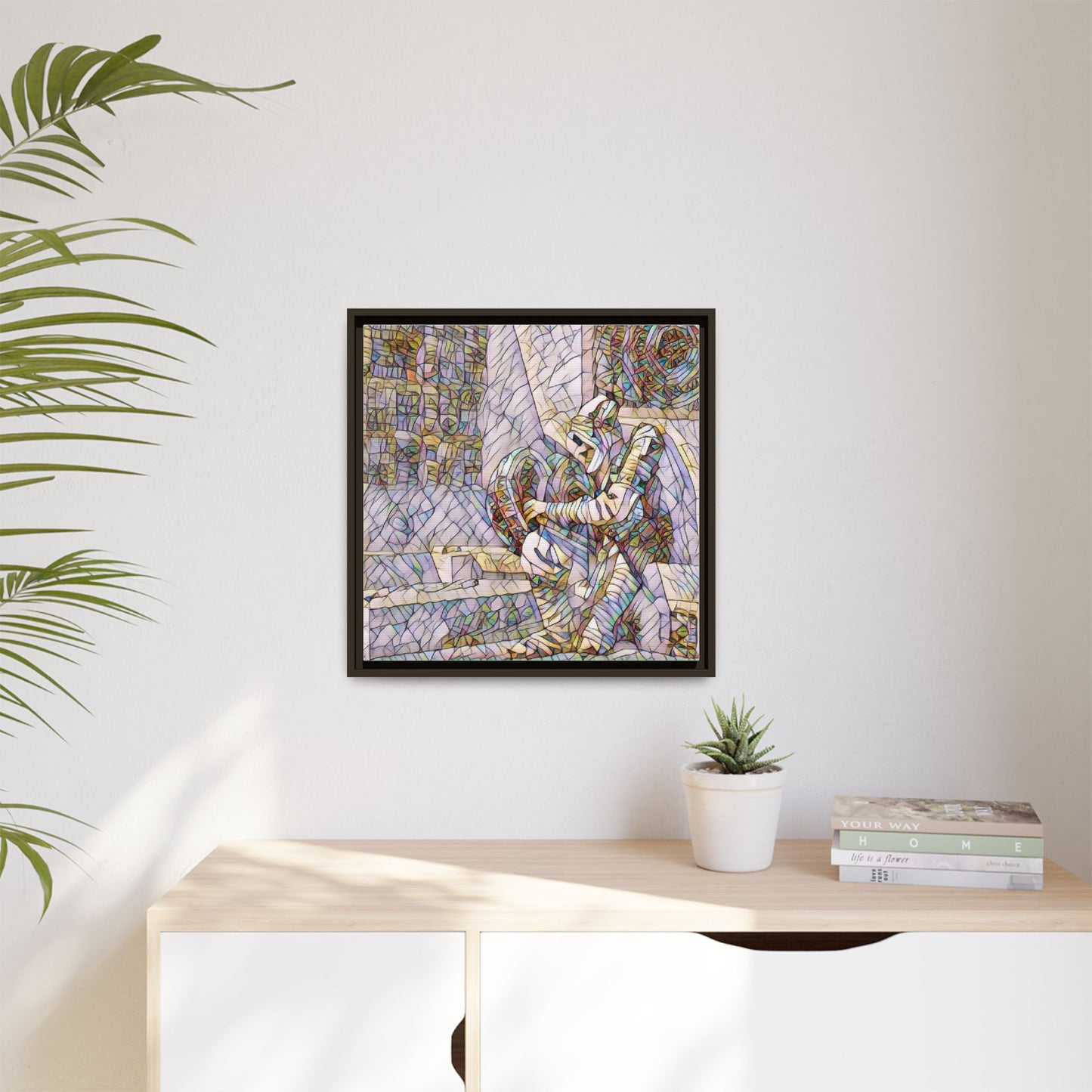Framed Matte Canvas Art — Colorful Stained-Glass Astronaut Embrace