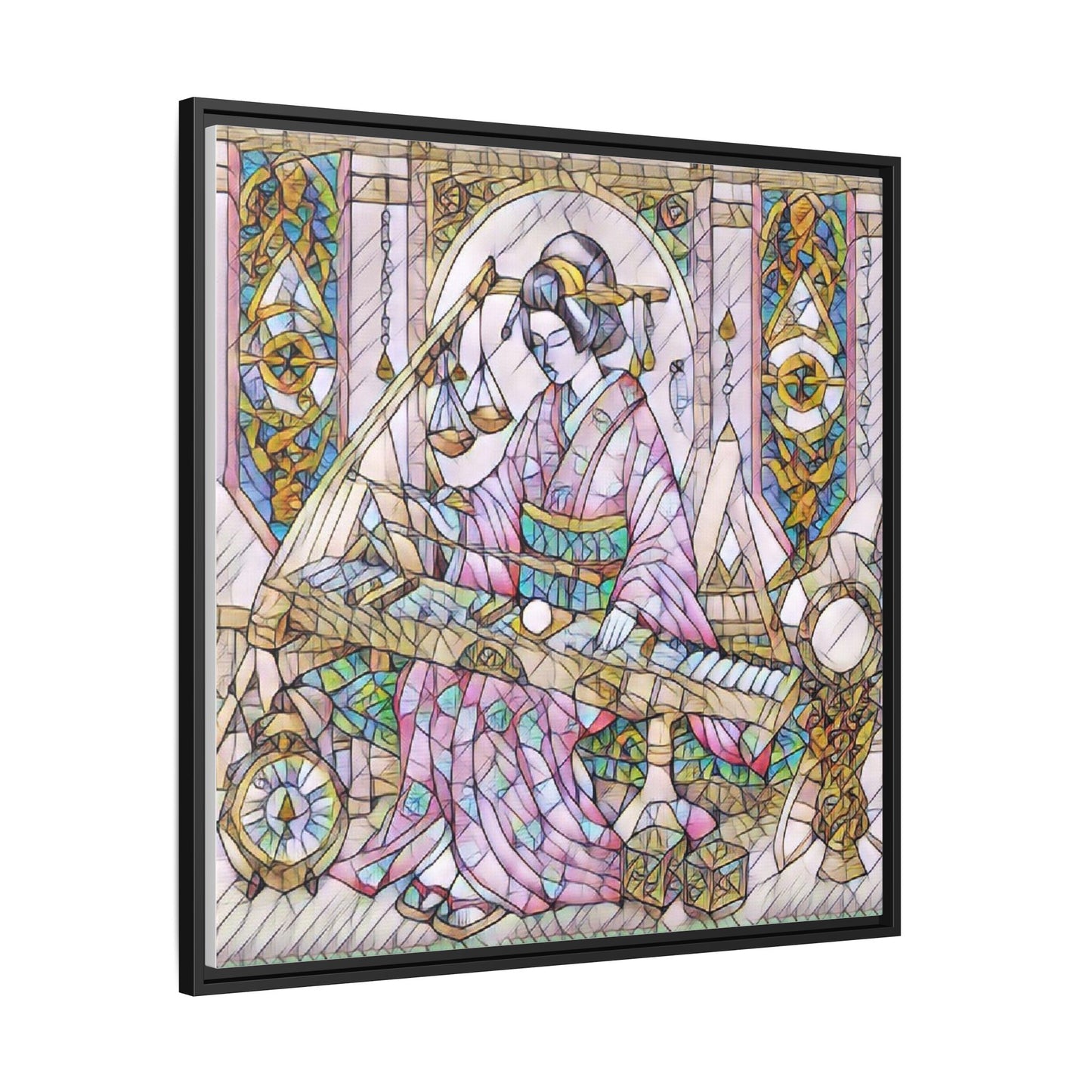 Framed Matte Canvas — Geisha Harp Stained-Glass Art Print