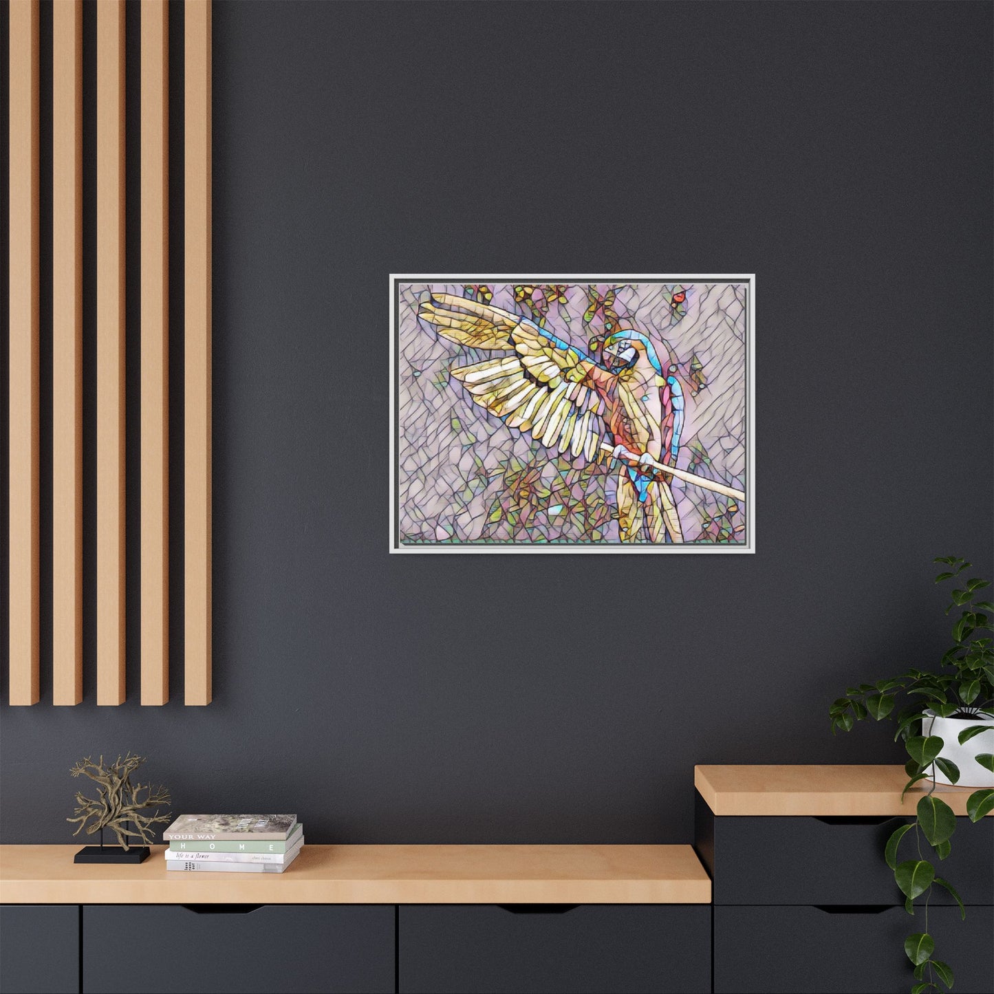 Framed Parrot Stained-Glass Art Print — Matte Canvas Wall Decor