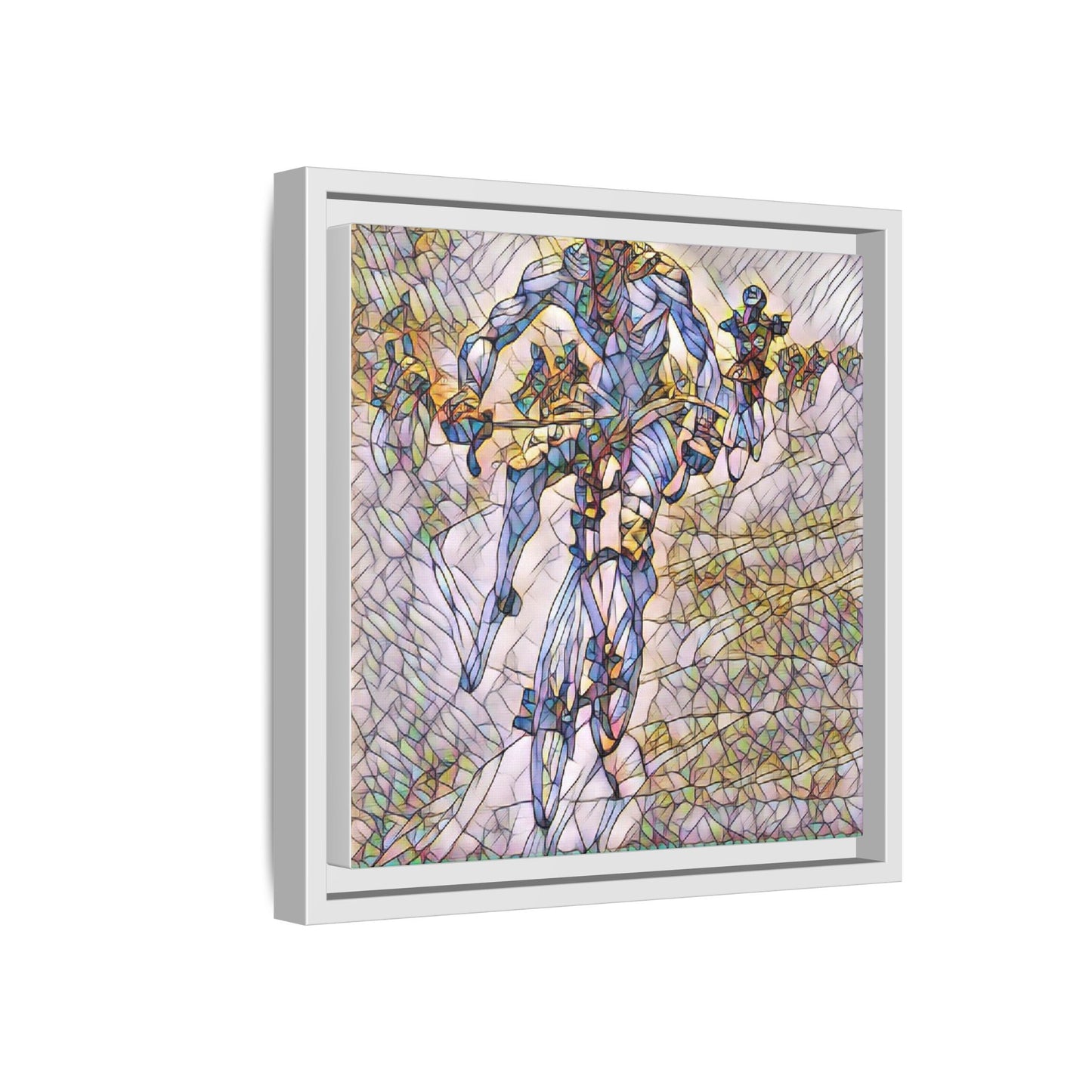 Abstract Cyclist Matte Canvas Framed Art — Colorful Stained-Glass Bike Print