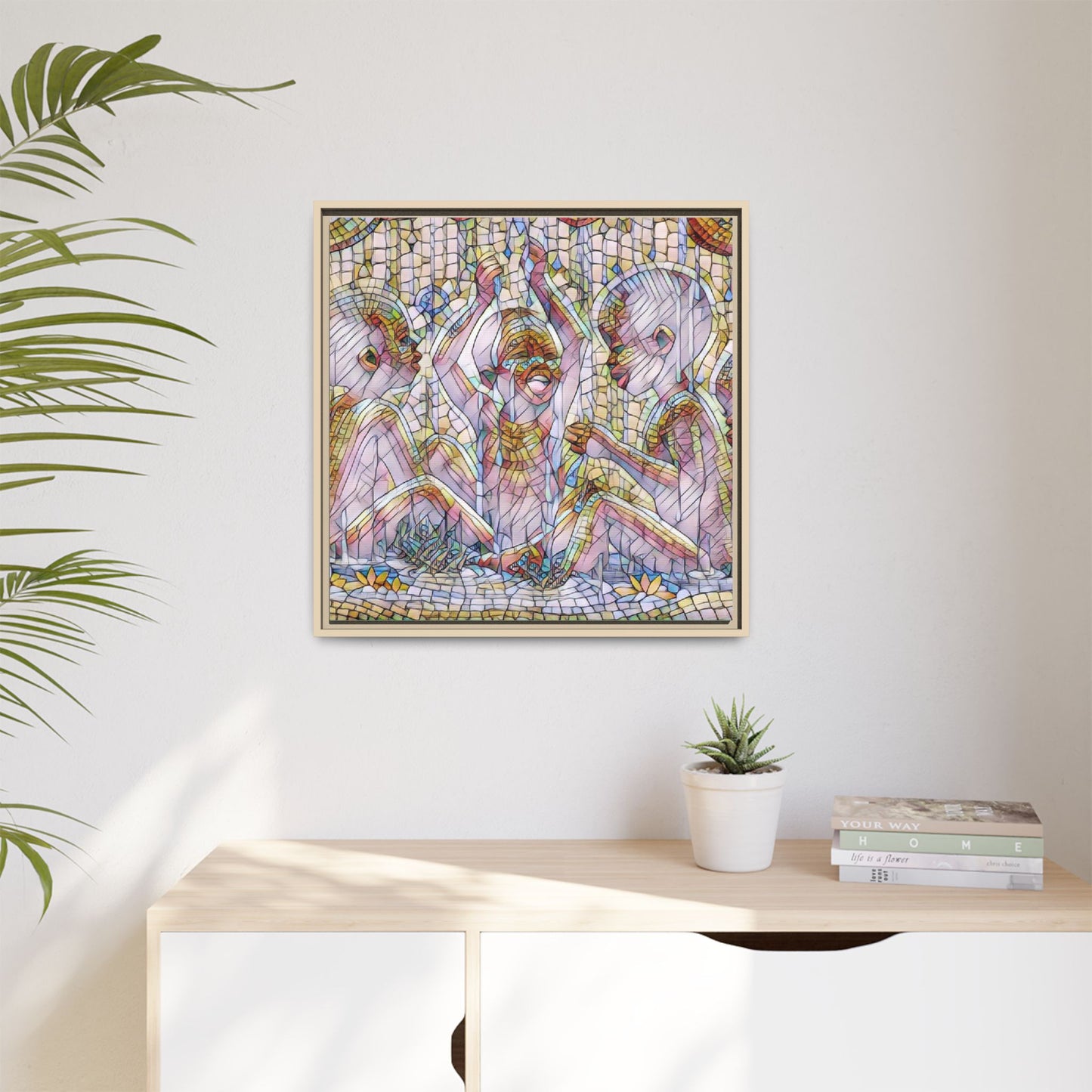 Framed Matte Canvas Art — Mosaic Children Playing (Multicolor)