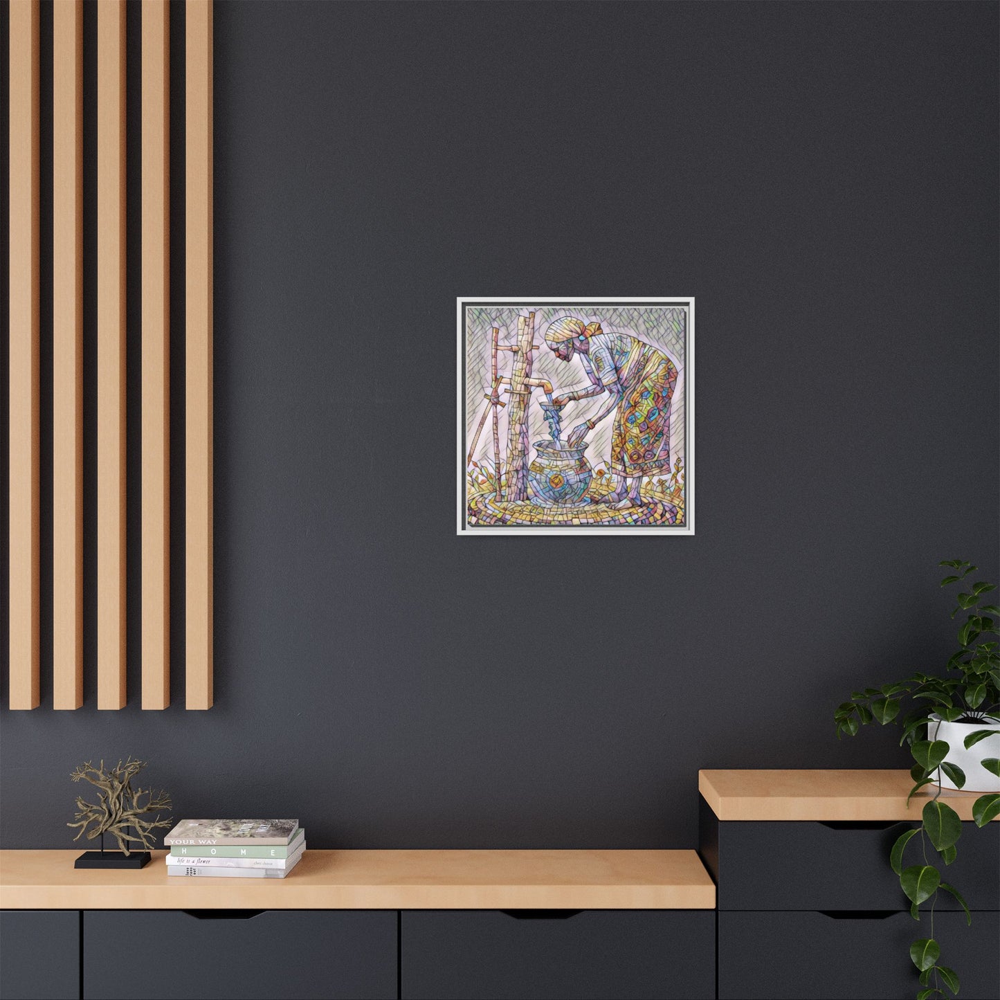 Framed Matte Canvas Art — Colorful Mosaic Woman at Well