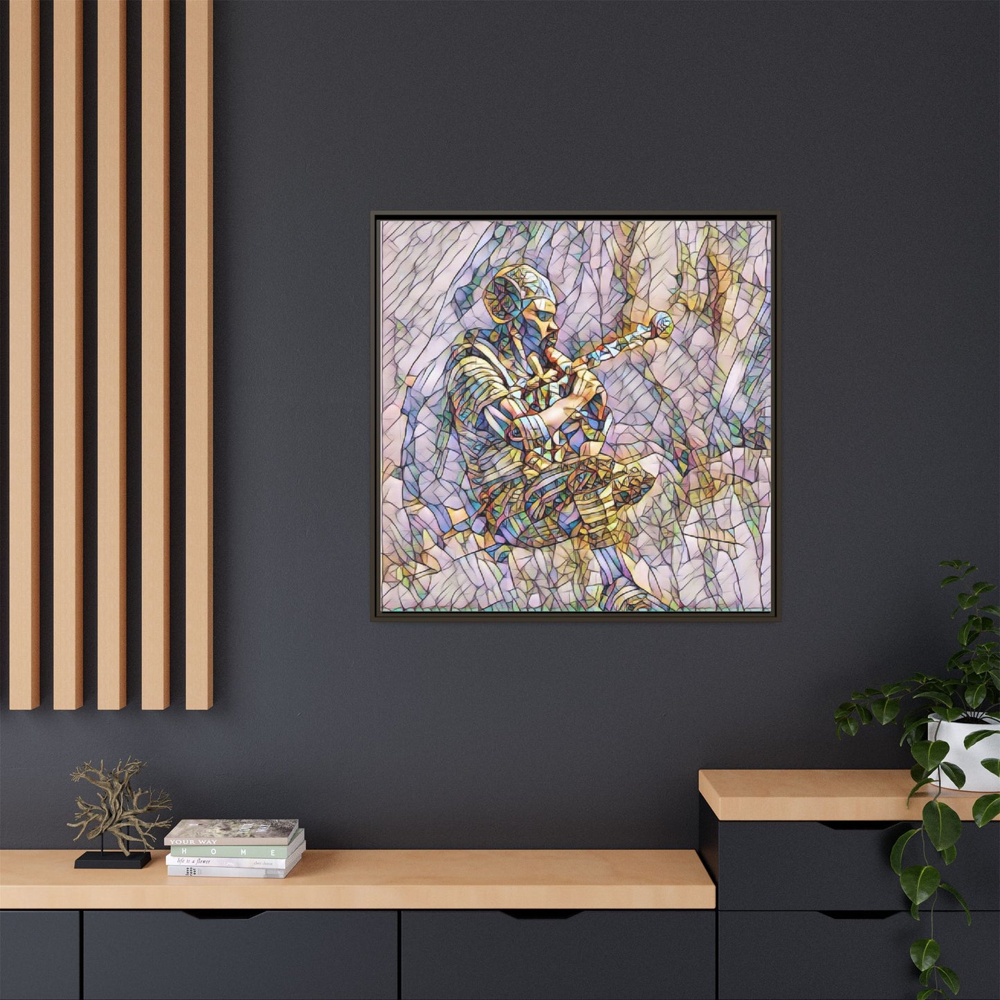 Celtic Piper Framed Matte Canvas — Stained-Glass Style Highland Bagpiper Art