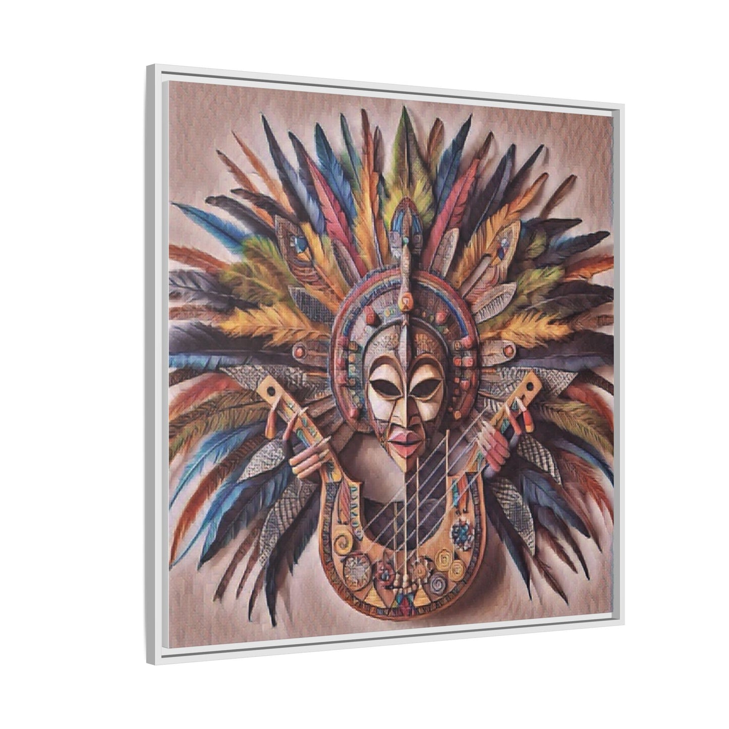 Tribal Feather Mask Guitar Framed Canvas Art — Colorful Boho Wall Decor
