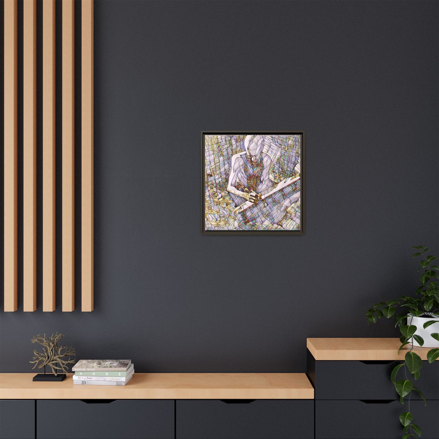Abstract Fantasy Warrior Matte Framed Canvas — Colorful Stained-Glass Style Art