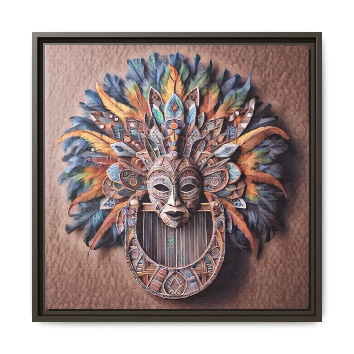 Tribal Feather Mask Framed Canvas Wall Art — Colorful Boho Decorative Print