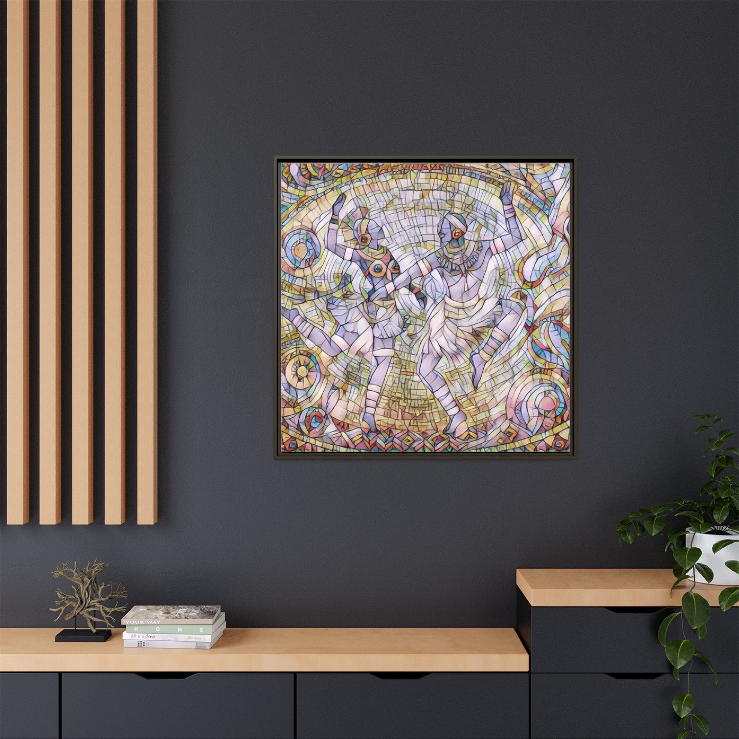 Abstract Dancers Matte Framed Canvas Wall Art — Multi‑Color Stained Glass Style