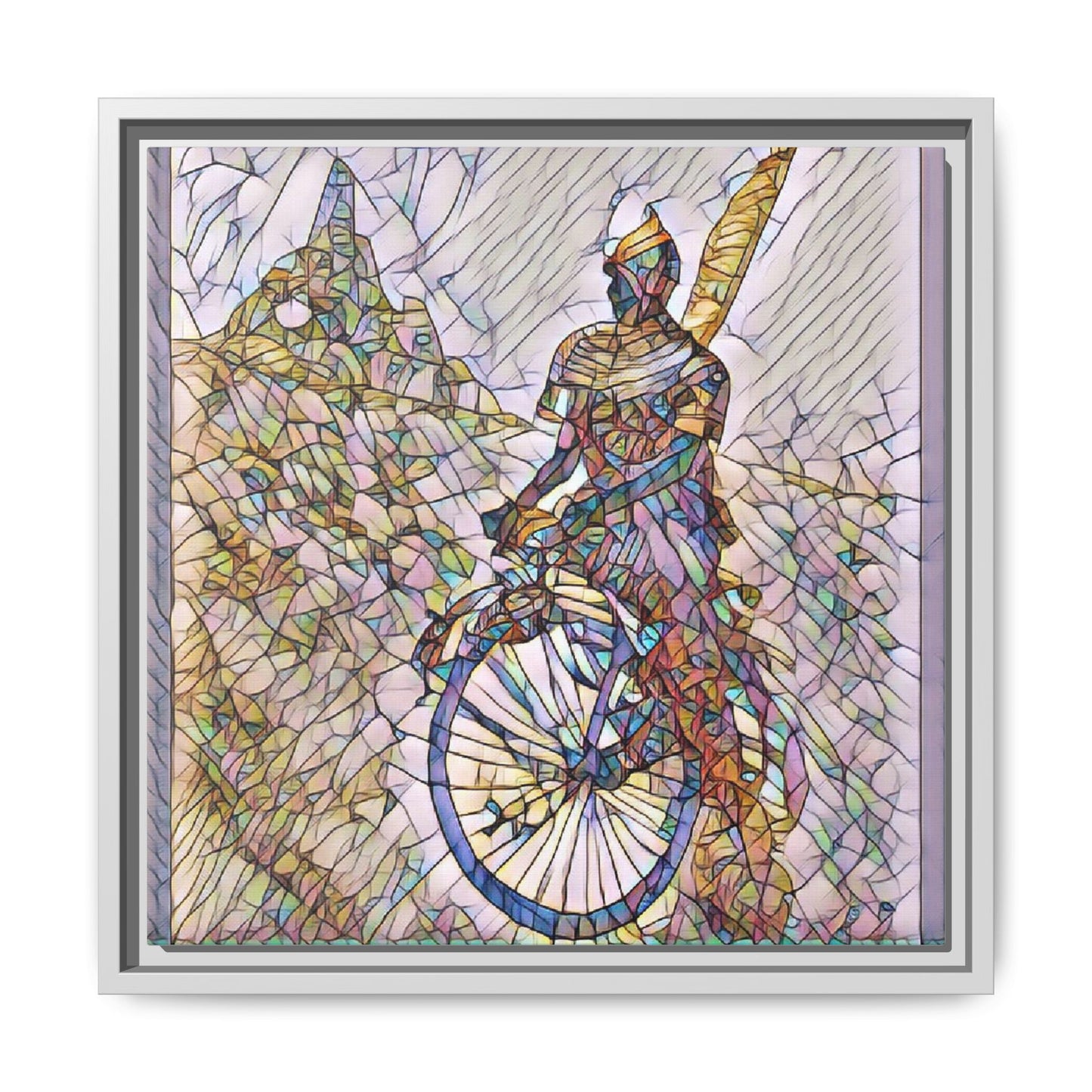 Cyclist Stained Glass Art Print — Framed Matte Canvas