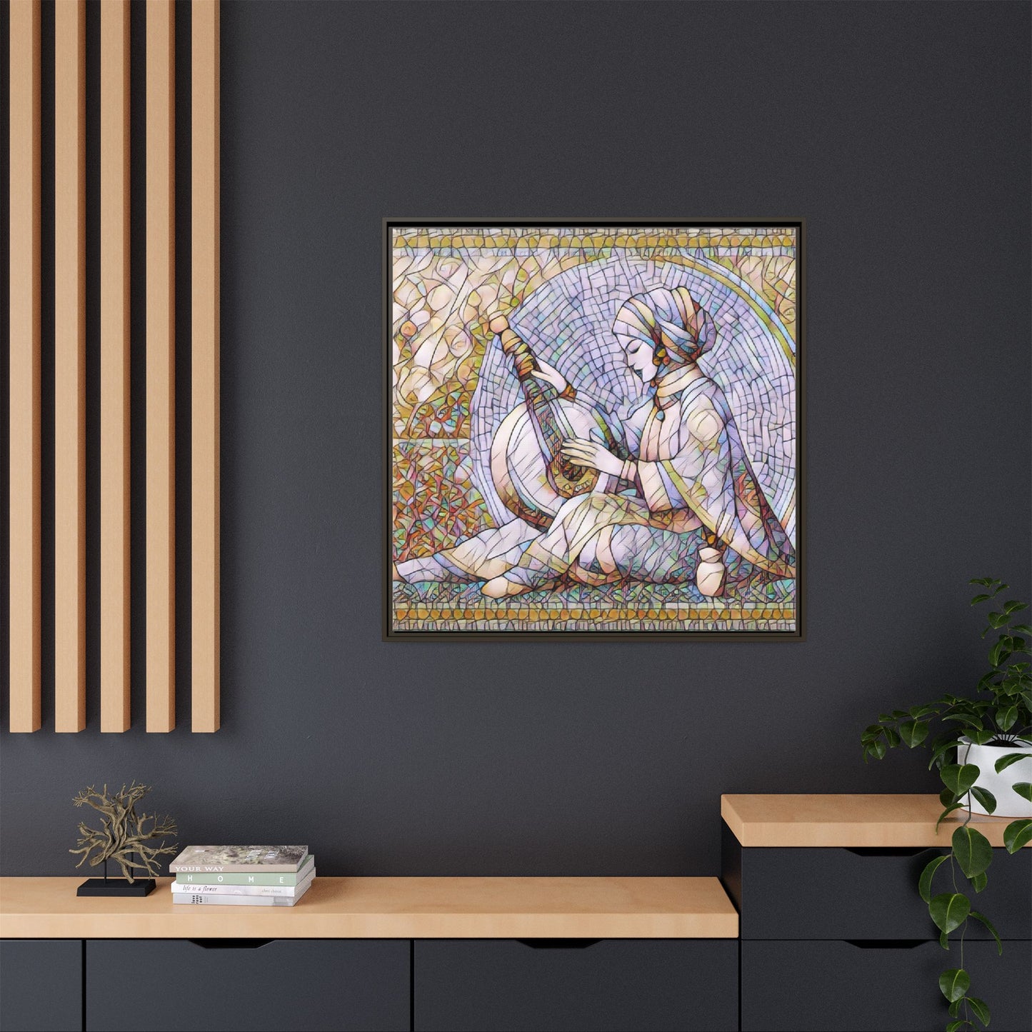 Framed Matte Canvas: Mosaic Lute Player Wall Art — Bohemian Musical Portrait