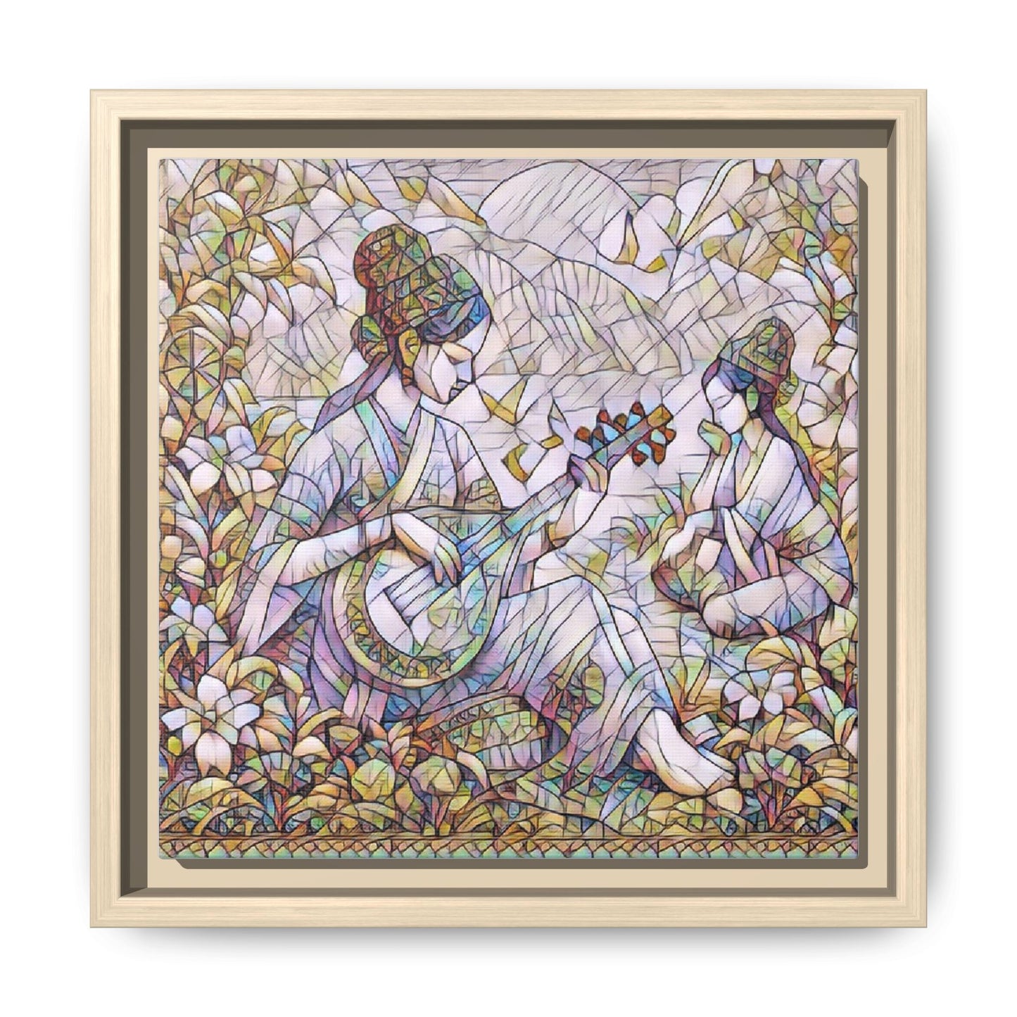 Framed Matte Canvas Art - Vintage Asian Musicians Floral Illustration