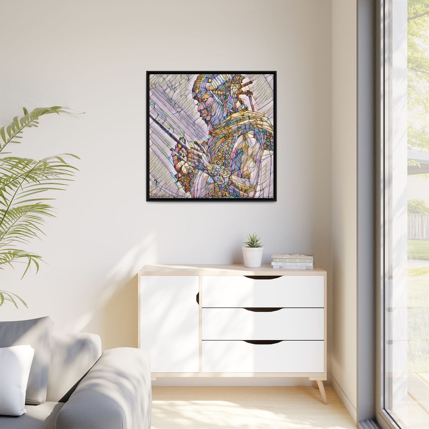 Framed Canvas Art - Colorful Tribal Warrior Portrait (Matte)