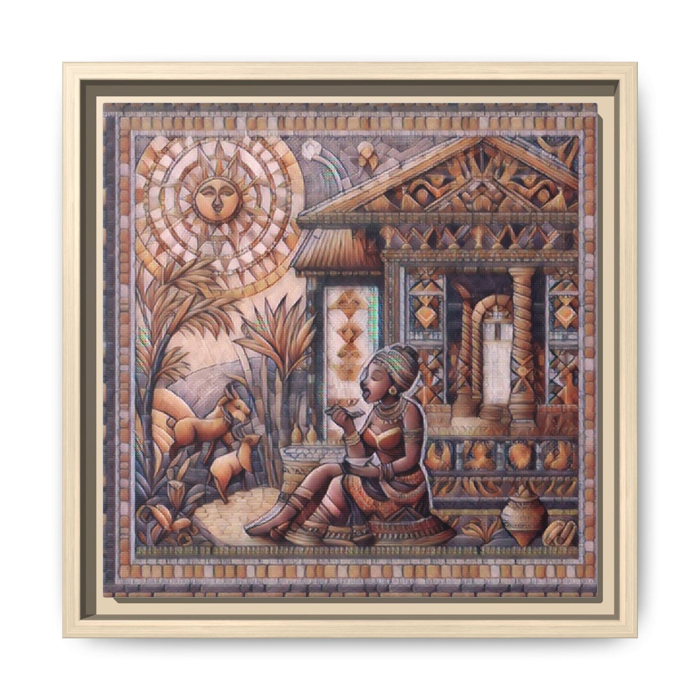 Egyptian Goddess Mosaic Framed Canvas Art — Colorful Ancient Ritual Wall Decor