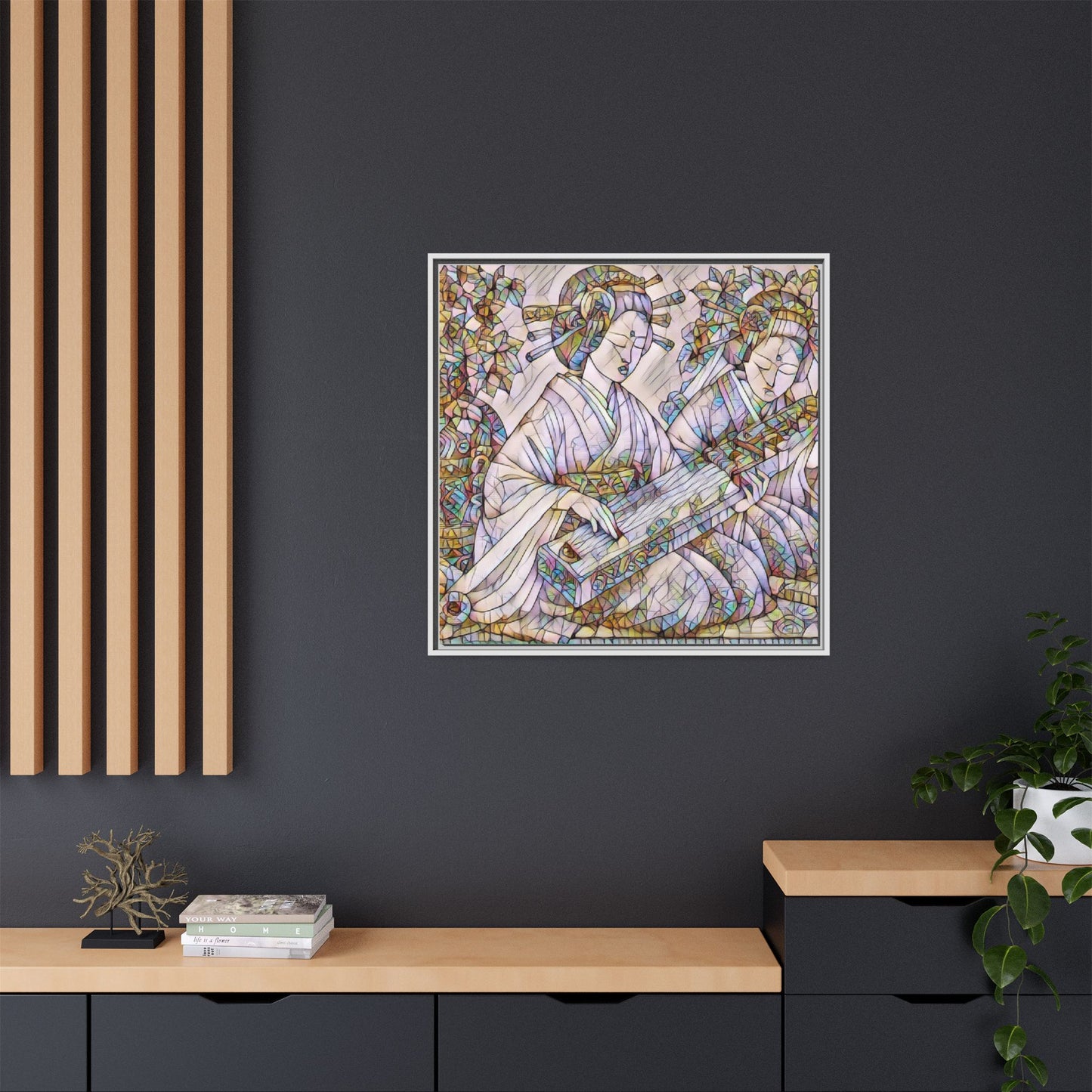Framed Matte Canvas Print — Stained-Glass Geisha Duo