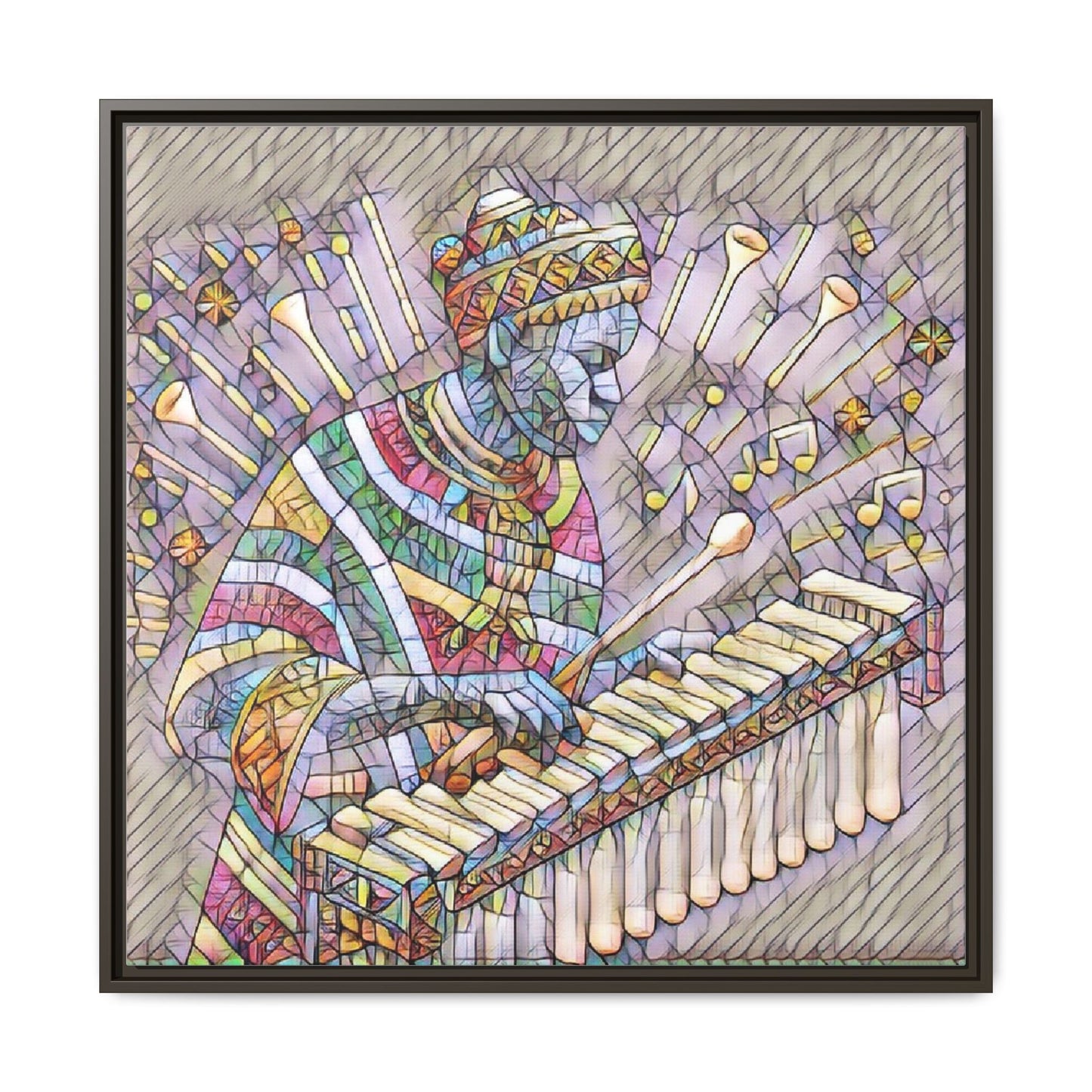 Colorful Marimba Musician Matte Framed Canvas — Vibrant African Instrument Wall Art