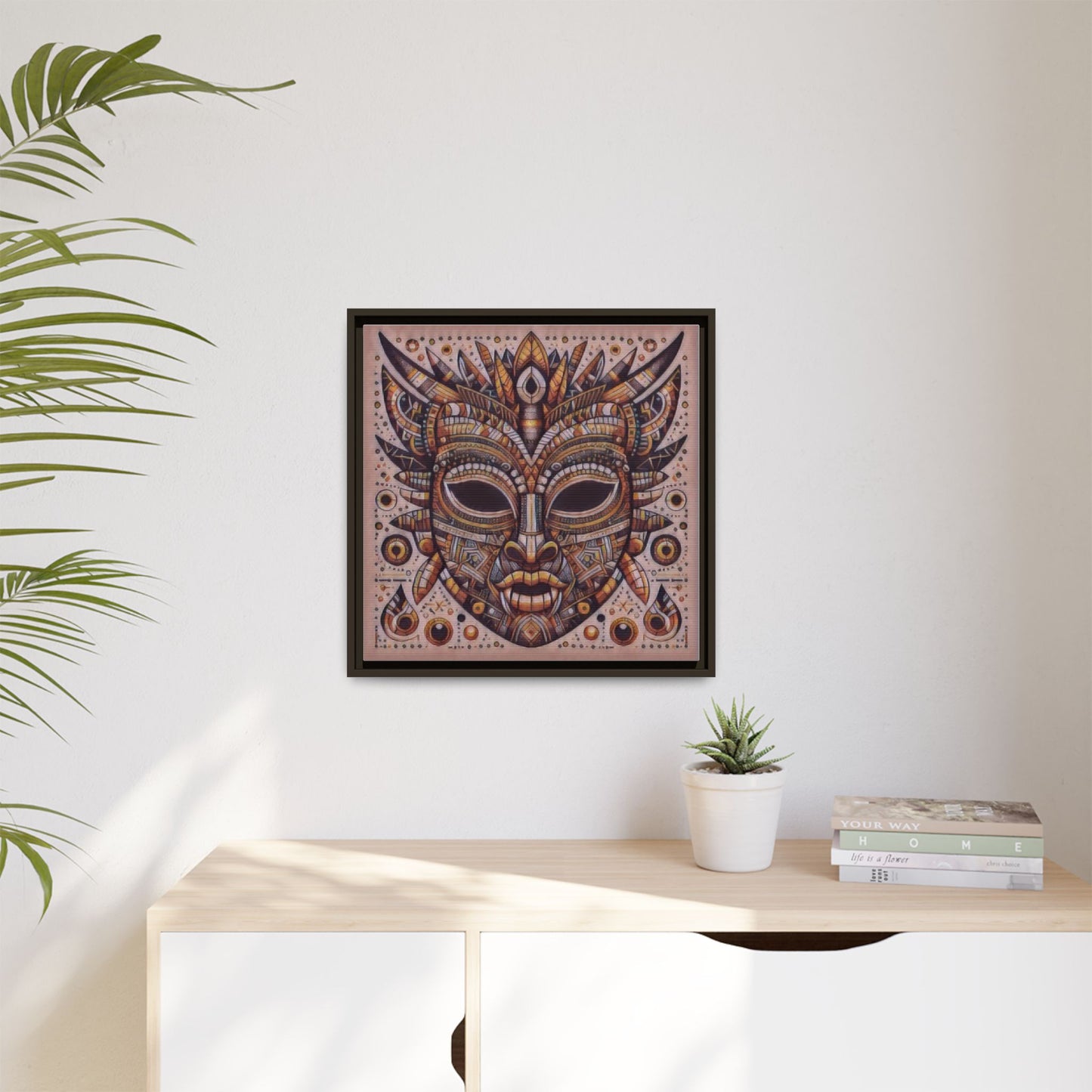 Tribal Mask Framed Canvas Art — Multicolor Matte Wall Decor