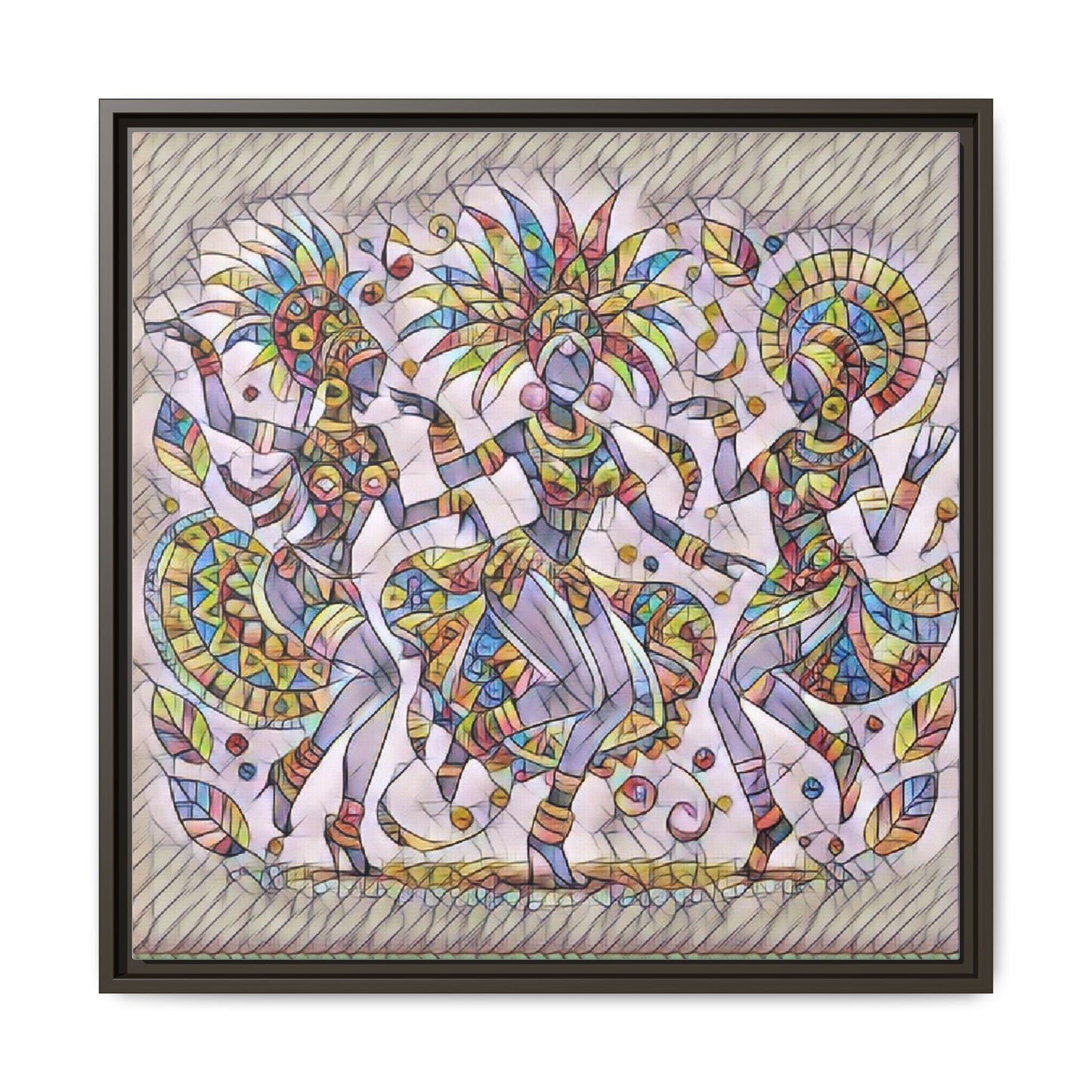 Colorful Carnival Dancers Framed Canvas Art — Multicolor Tribal Celebration Print
