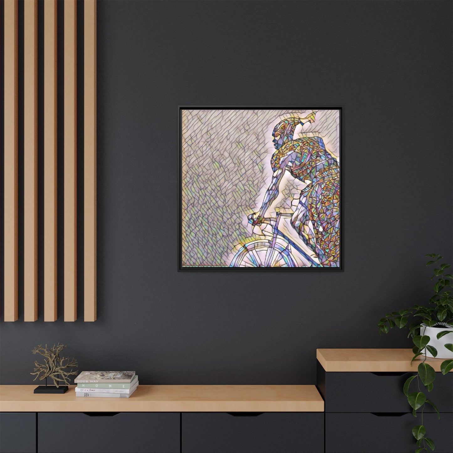 Cyclist Mosaic Matte Canvas Print — Framed Multicolor Bike Art