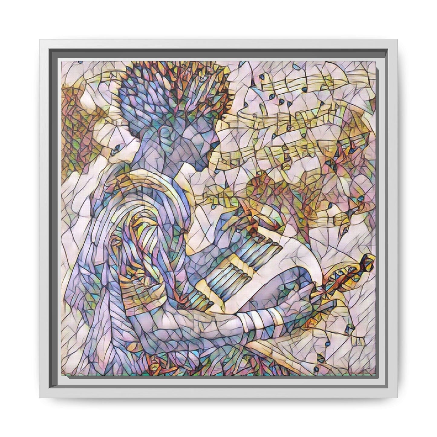 Abstract Jazz Musician Framed Canvas Art — Colorful Stained-Glass Style Wall Decor