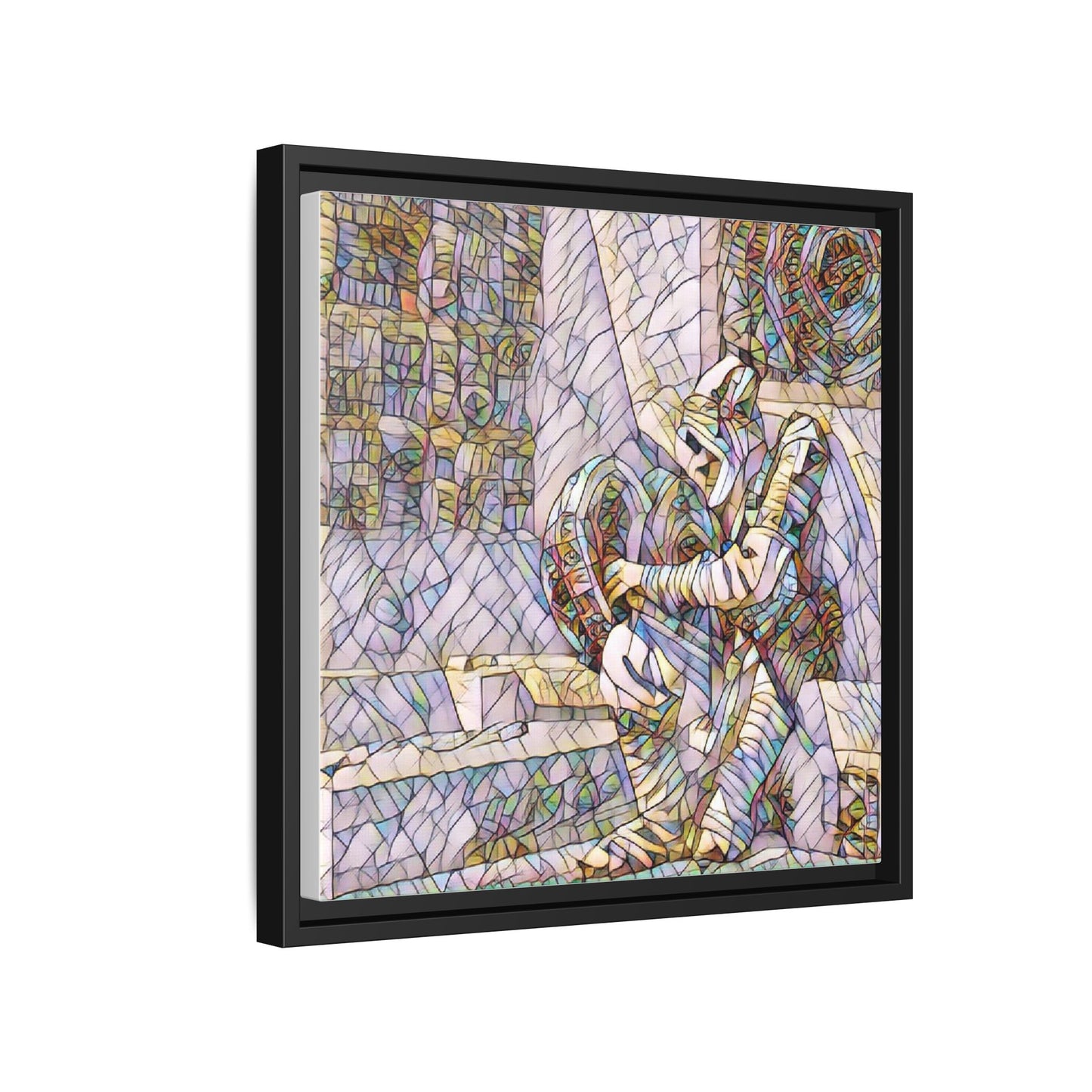 Framed Matte Canvas Art — Colorful Stained-Glass Astronaut Embrace