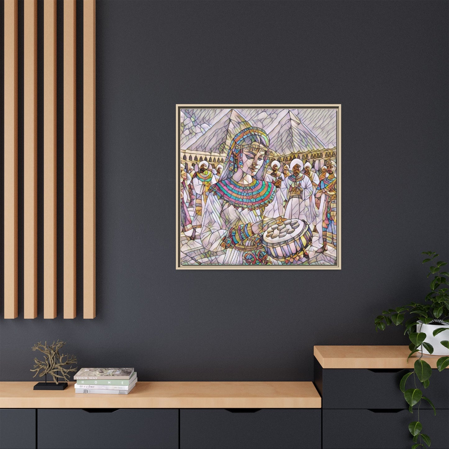 Egyptian Drum Player Framed Canvas Art — Colorful Ancient Scene Wall Decor