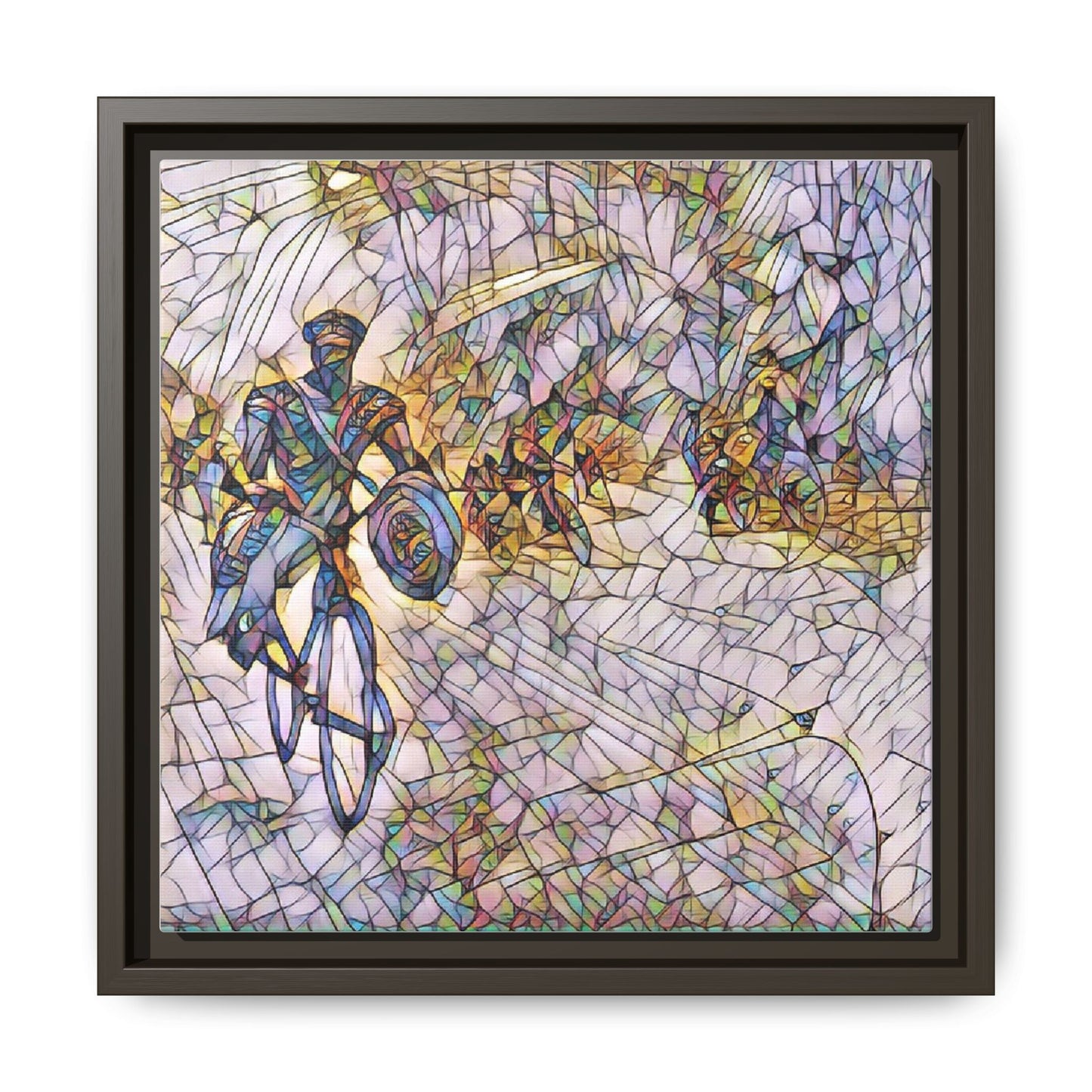 Cyclist Mosaic Matte Canvas Framed Wall Art — Colorful Biking Scene