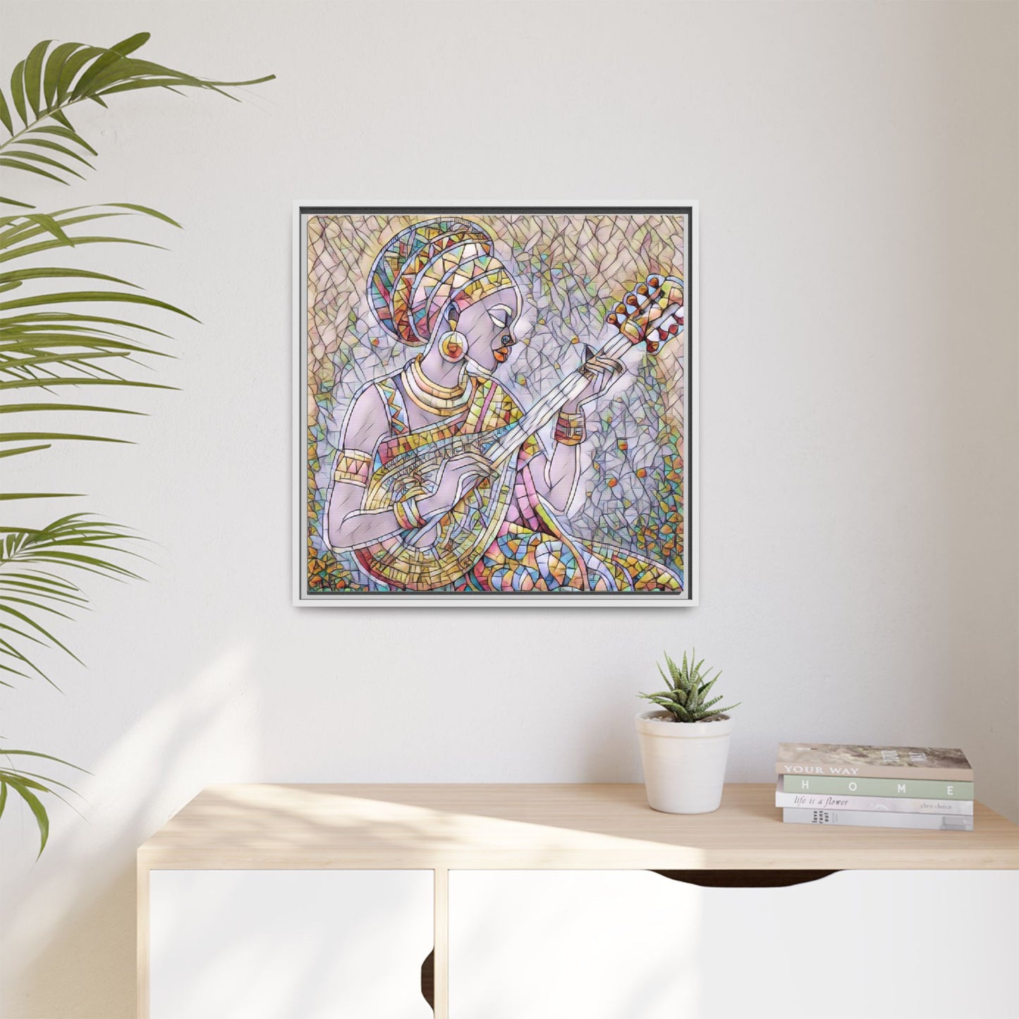 Framed Canvas Art — Colorful African Woman Playing Lute (Matte Multi‑Color)