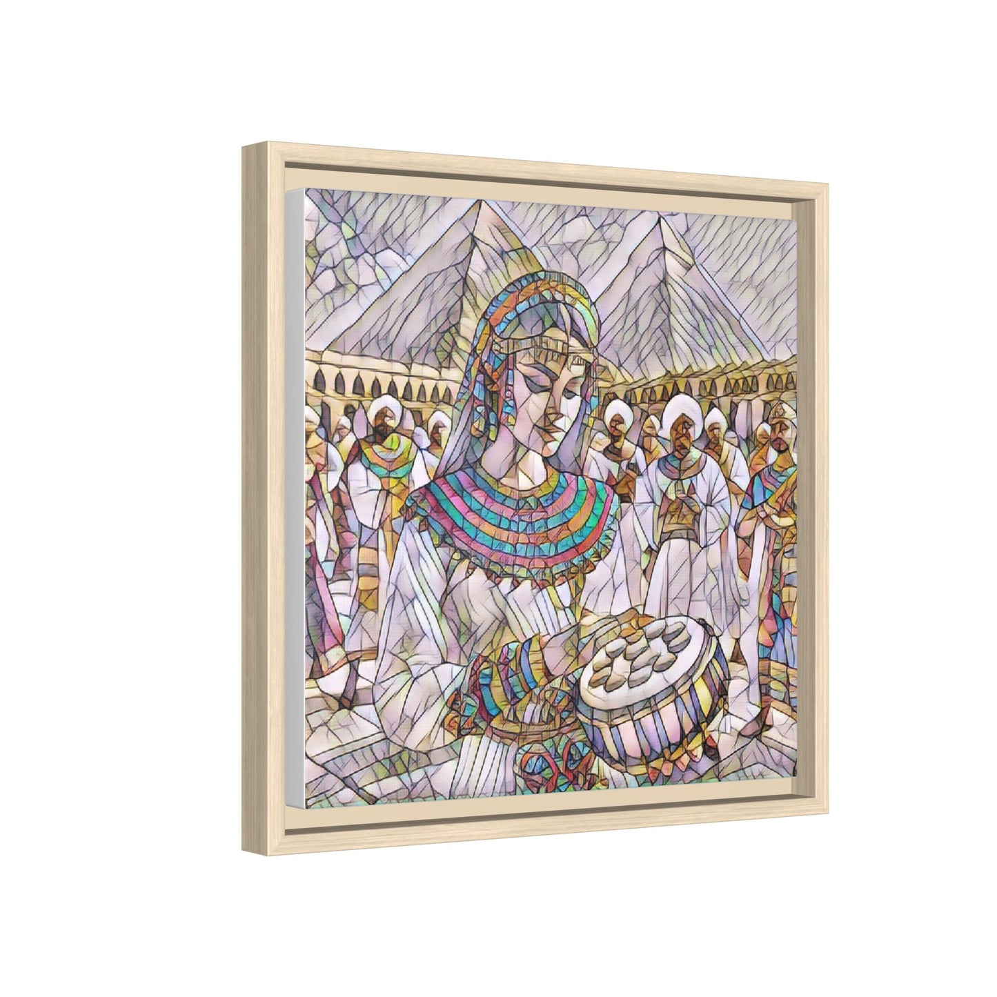 Egyptian Drum Player Framed Canvas Art — Colorful Ancient Scene Wall Decor