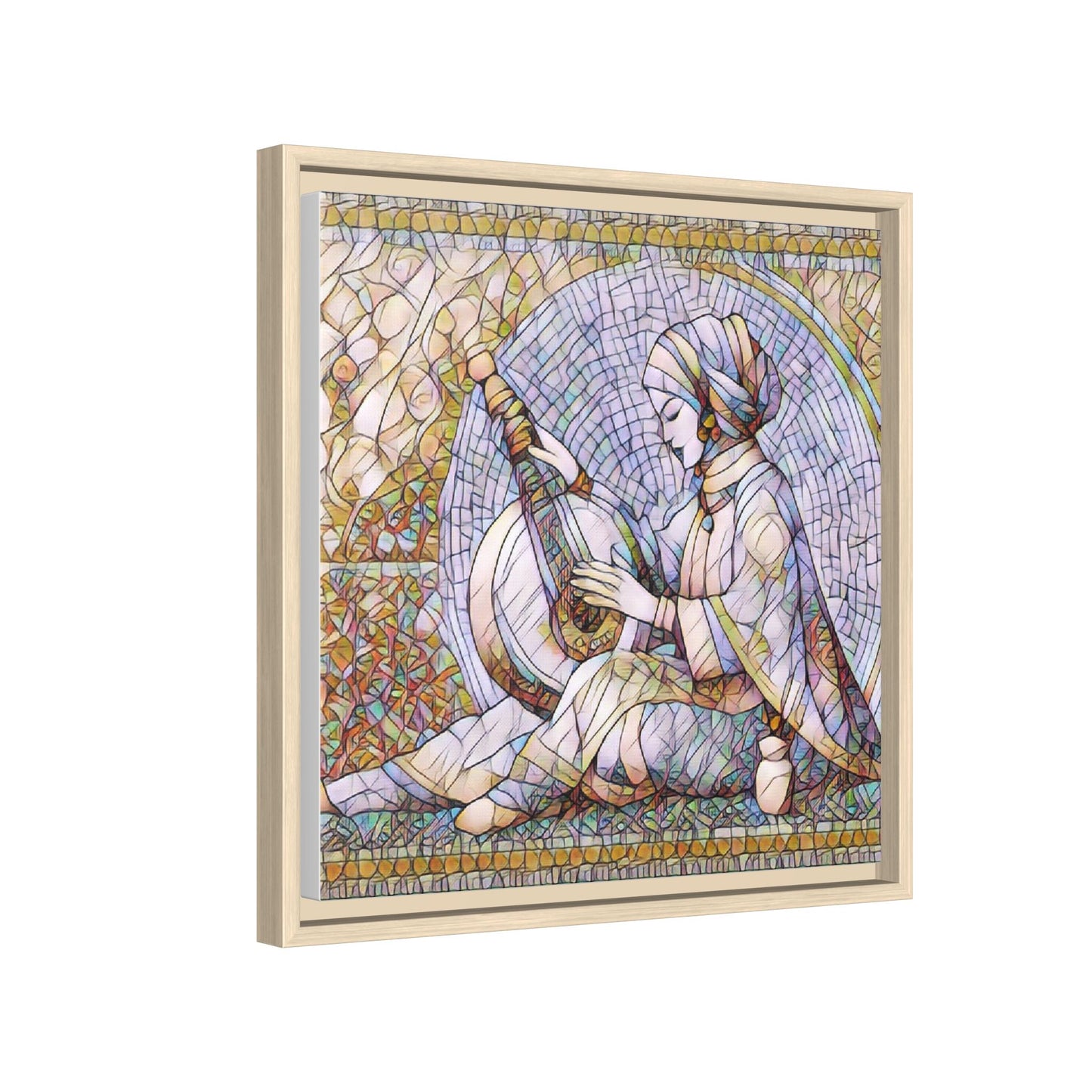 Framed Matte Canvas: Mosaic Lute Player Wall Art — Bohemian Musical Portrait