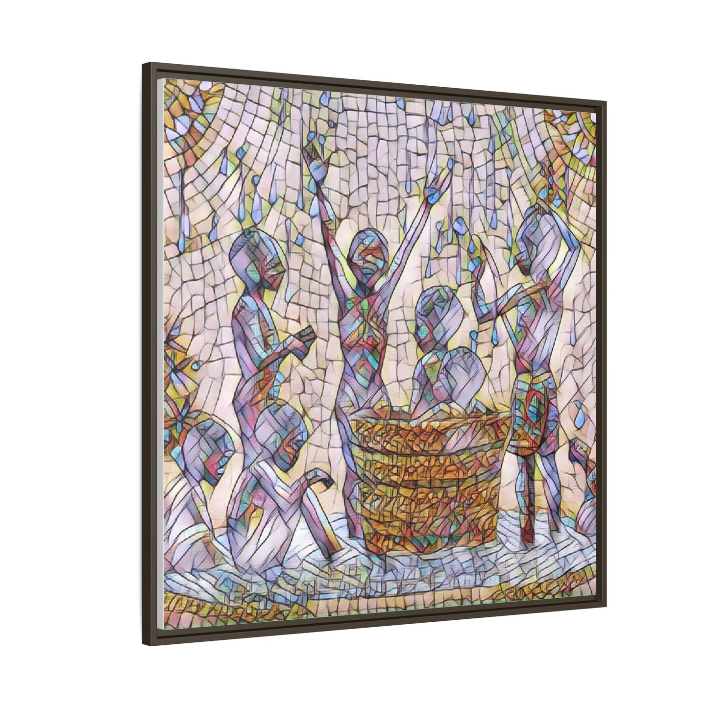 Framed Matte Canvas Art — Children Playing Mosaic Illustration